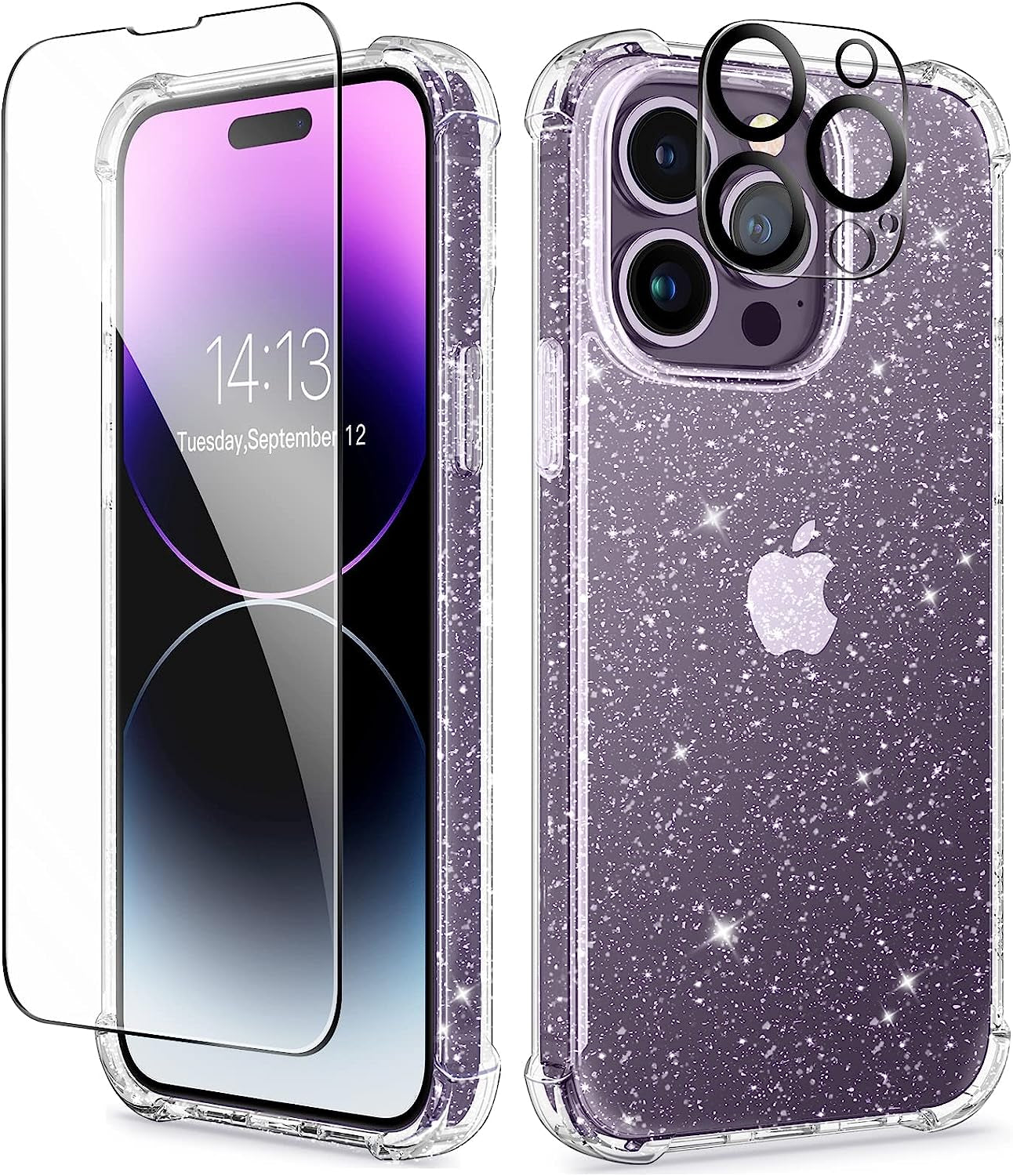 GVIEWIN Compatible with Iphone 14 Pro Case with Screen Protector & Camera Lens Protector, Floral Slim Shockproof Protective Hard PC+TPU Bumper Flower Women Cover, 6.1" 2022(Anemone Blooms/Pink)  GVIEWIN Twinkle Clear  