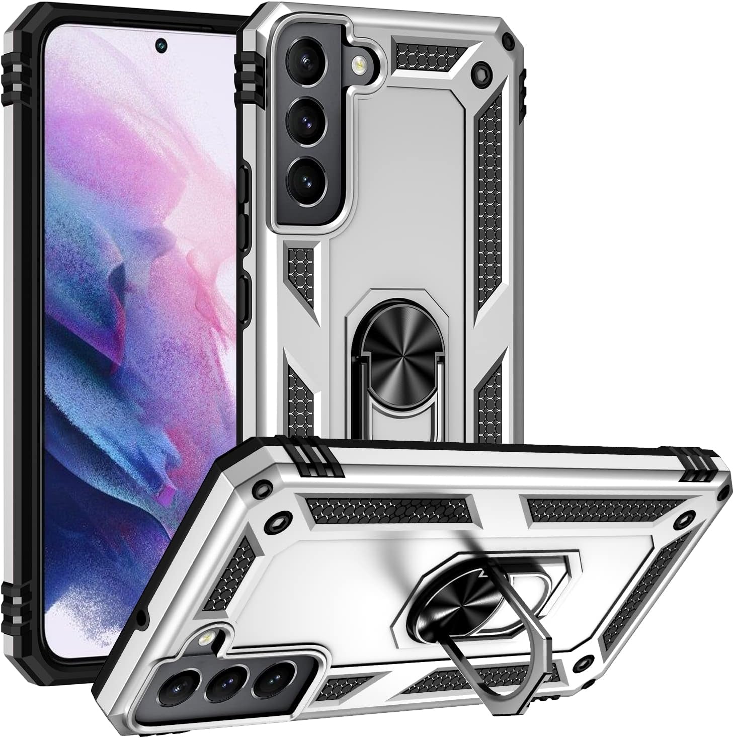 Military Grade Drop Impact for Samsung Galaxy S22 plus Case Galaxy S22+ plus 5G Case 360 Metal Rotating Ring Kickstand Holder Armor Heavy Duty Shockproof Case for Galaxy S22+ plus Phone Case (Silver)  Dionsibei   