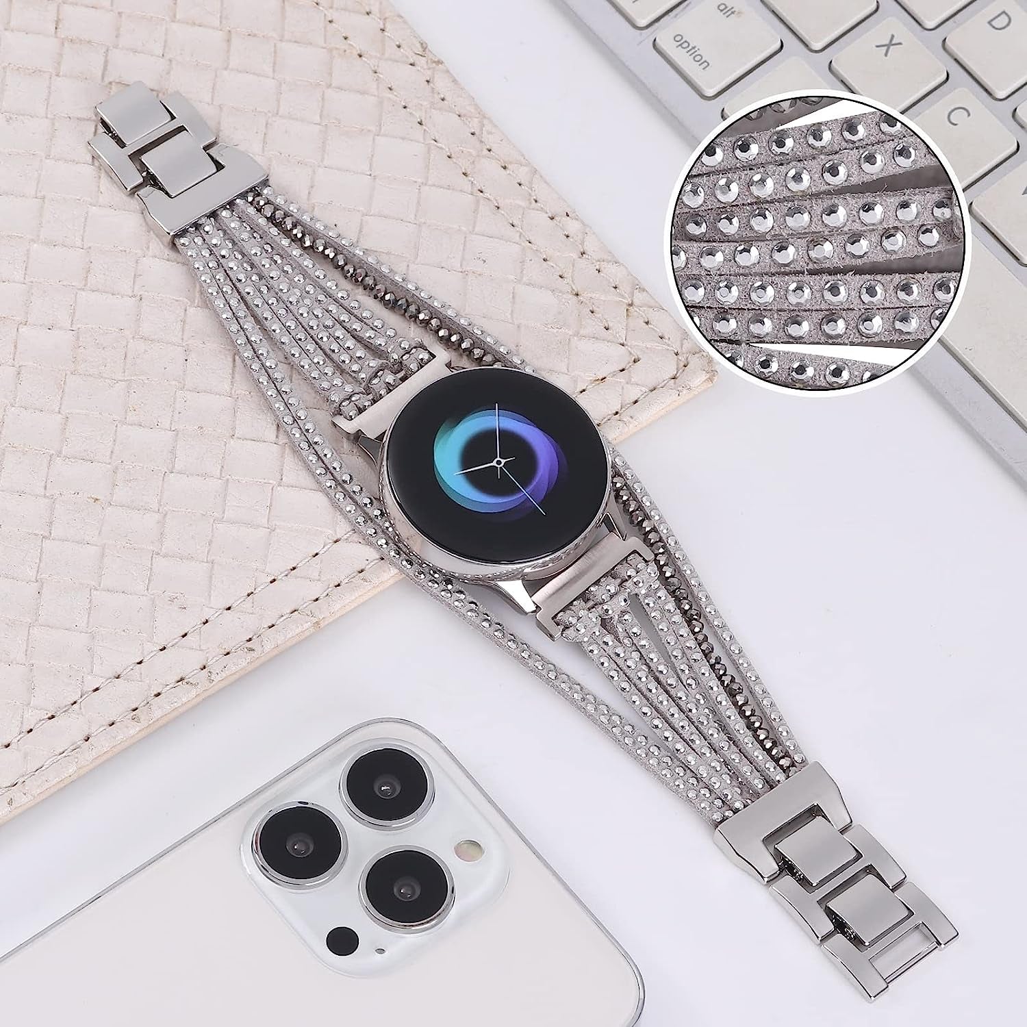 20Mm Bracelet Watch Band Compatible with Samsung Galaxy Watch 4 40Mm 44Mm/Watch 4 Classic 42Mm 46Mm/ Watch Active 2/Watch 3 41Mm/Garmin Vivoactive 3, 20Mm Glitter Leather Boho Bracelet Jewelry Multilayer Strap for Women  NEWLOTSE   