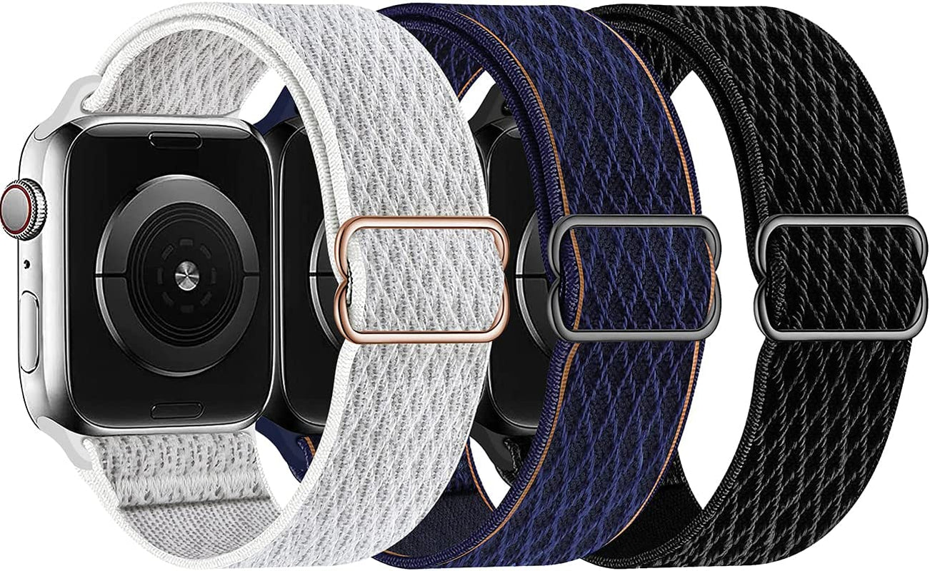 Swhatty Stretchy Nylon Solo Loop Bands Compatible with Apple Watch 41Mm 40Mm 38Mm, Adjustable Braided Sport Elastics Women Men Strap for Iwatch Series 8 7 6 5 4 3 2 1 SE (Black, Rose Pink, Cream)  Swhatty Black/Summit White/Deep Navy 38mm/40mm/41mm 