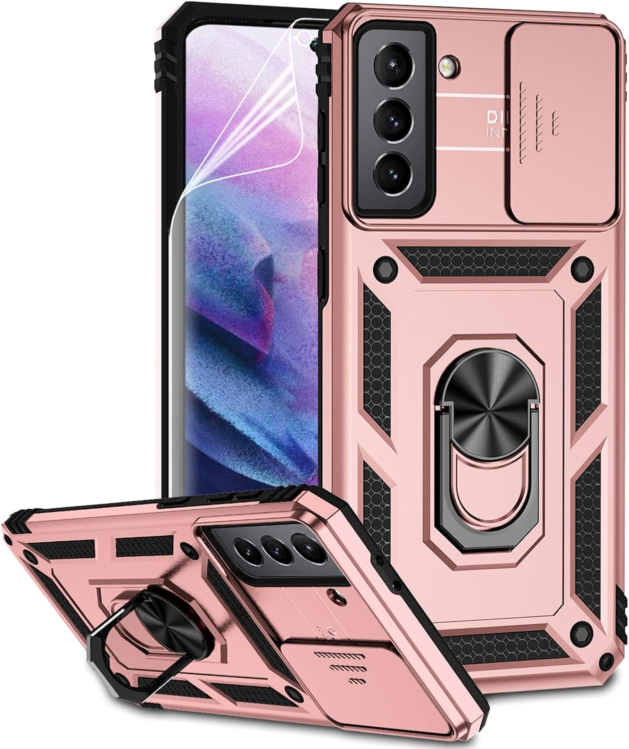 For Samsung Galaxy S21 plus Case with Camera Lens Cover HD Screen Protector, Military-Grade Drop Tested Magnetic Ring Holder Kickstand Protective Phone Case for Samsung Galaxy S21+ plus 5G (Navy Blue)  JINZHI Inc Rose Gold With Camera Cover Military-Grade 2Nd Gen  