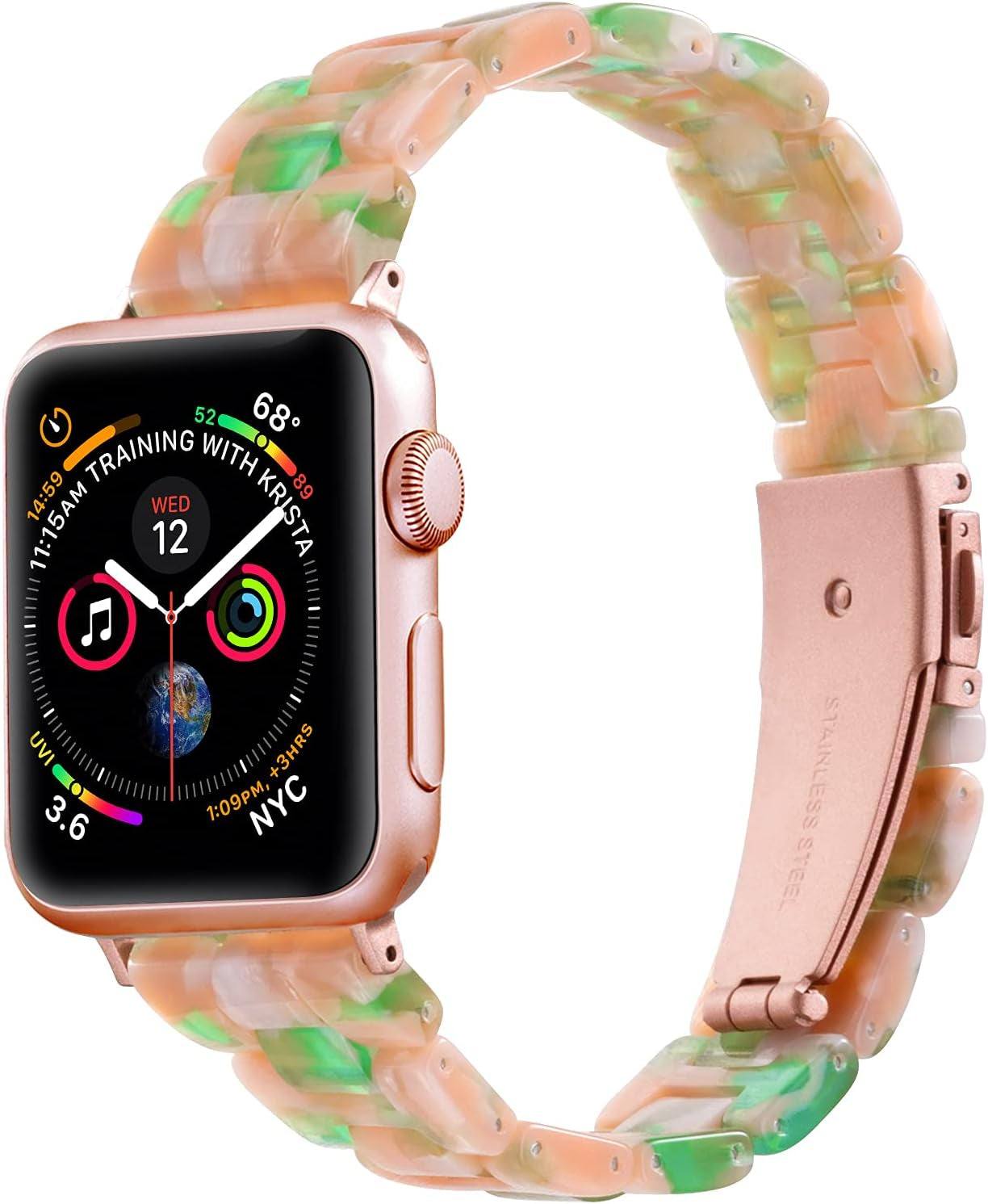 Sangaimei Light Fashion Resin Apple Watch Band with Stainless Steel Buckle Compatible Apple Watch Band 45Mm 44Mm 42Mm 41Mm 40Mm 38Mm Replacement Iwatch Series 8 7 6 5 4 3 2 1 SE for Women Starlight  SaNgaiMEi Pink Green 38mm/40mm/41mm 