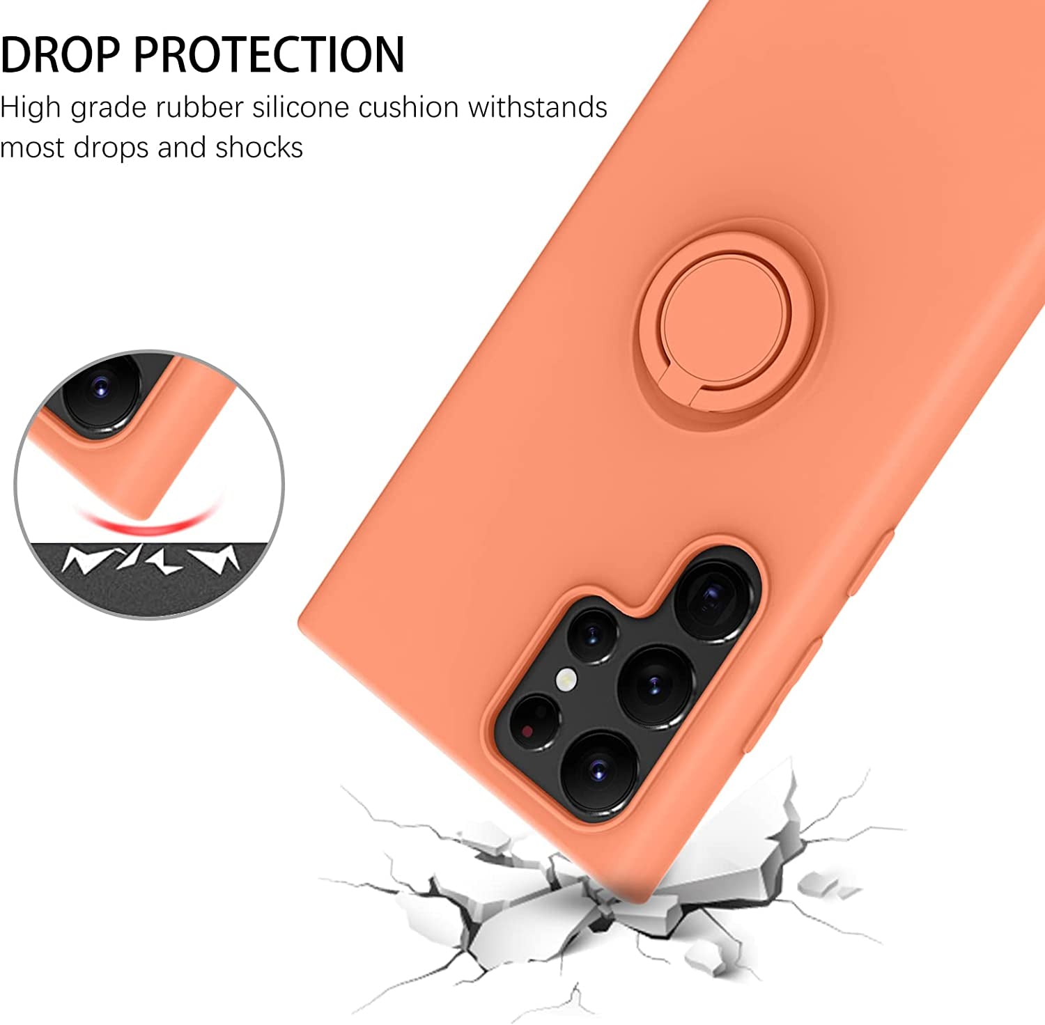 DUEDUE for Samsung Galaxy S22 Ultra 5G Case, Liquid Silicone Slim Soft Gel Rubber Cover with Ring Kickstand Car Mount Function Shockproof Protective Phone Case for Samsung S22 Ultra 6.8", Orange  DUEDUE   