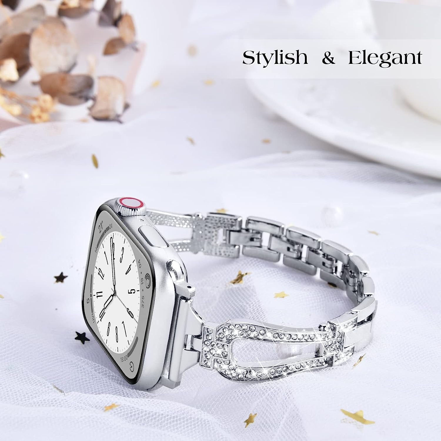 MOFREE Bling Band Compatible for Apple Watch Band 38Mm 40Mm 41Mm 42Mm 44Mm 45Mm Iwatch Series SE 8 7 6 5 4 3 2 1,Dressy Jewelry Diamond Rhinestone Stylish Metal Wristband Strap for Women  MOFREE   