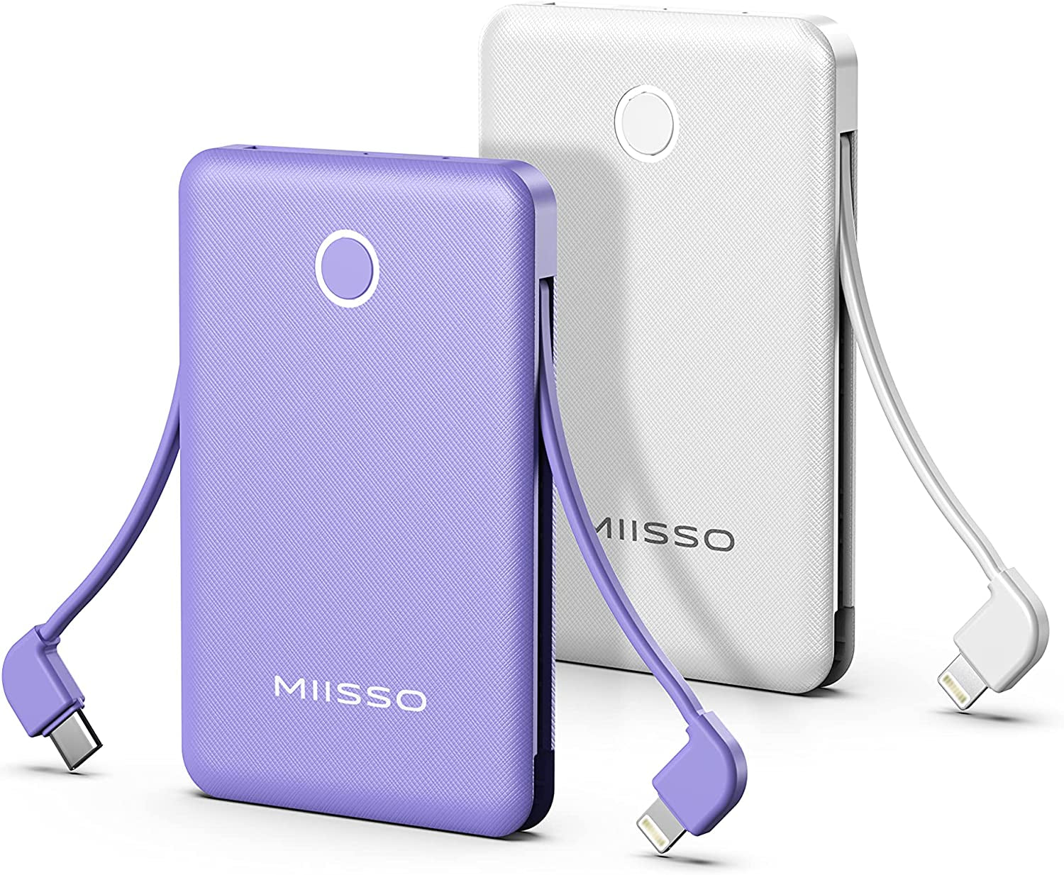 6000Mah Ultra Slim Built in Cables Power Bank, Card Size Built in USB C Cords Battery Pack Portable Charger for Phones, 3 Output External Battery Pack Compatible with Iphone, Samsung and Heated Vest  SHENZHEN APPLESSUN ELECTRONIC CO.LTD 2 pack 6000mah White & Purple  