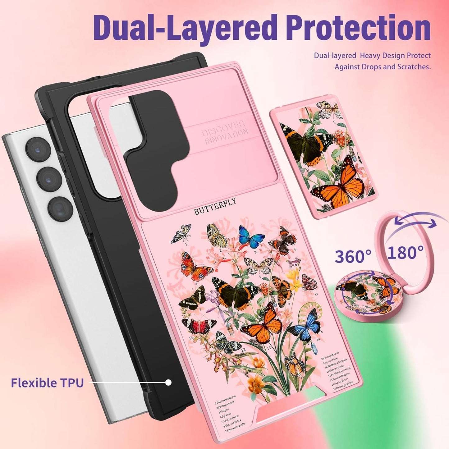Funermei (2In1 for Samsung Galaxy S22 Ultra Case for Women Cute Butterfly Girls Phone Cover Girly Pretty Aesthetic Butterfly Design with Camera Cover and Ring Stand Funda for S22 Ultra Case 5G  Funermei   