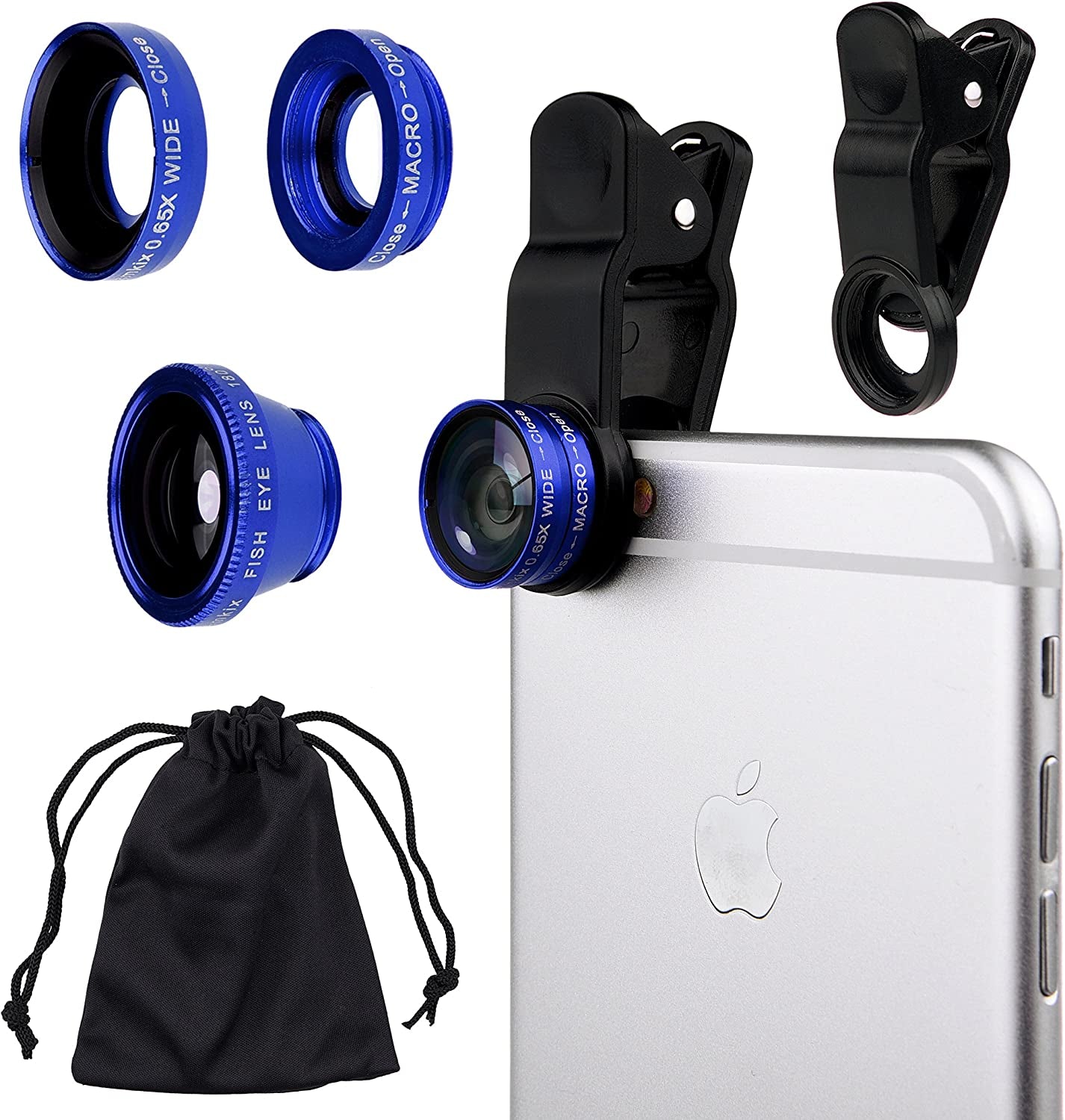 Universal 3 in 1 Cell Phone Camera Lens Kit for Smartphones Including - Fish Eye Lens / 2 in 1 Macro Lens & Wide Angle Lens/Universal Clip/Carry Pouch/Microfiber Cleaning Cloth  CamKix Blue  