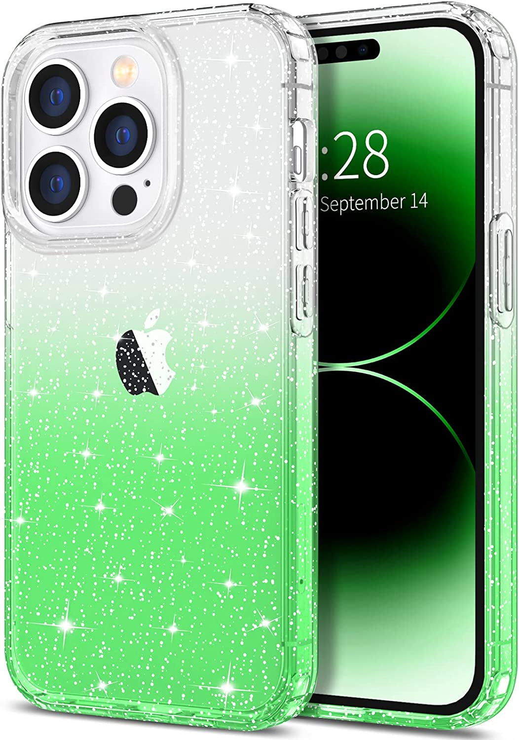 Hython Case for Iphone 14 Pro Max Case Glitter, Cute Sparkly Clear Glitter Shiny Bling Sparkle Cover, Anti-Scratch Soft TPU Slim Fit Shockproof Protective Phone Cases for Women Girls, Black Glitter  Hython Clear/Fluorescent Green  