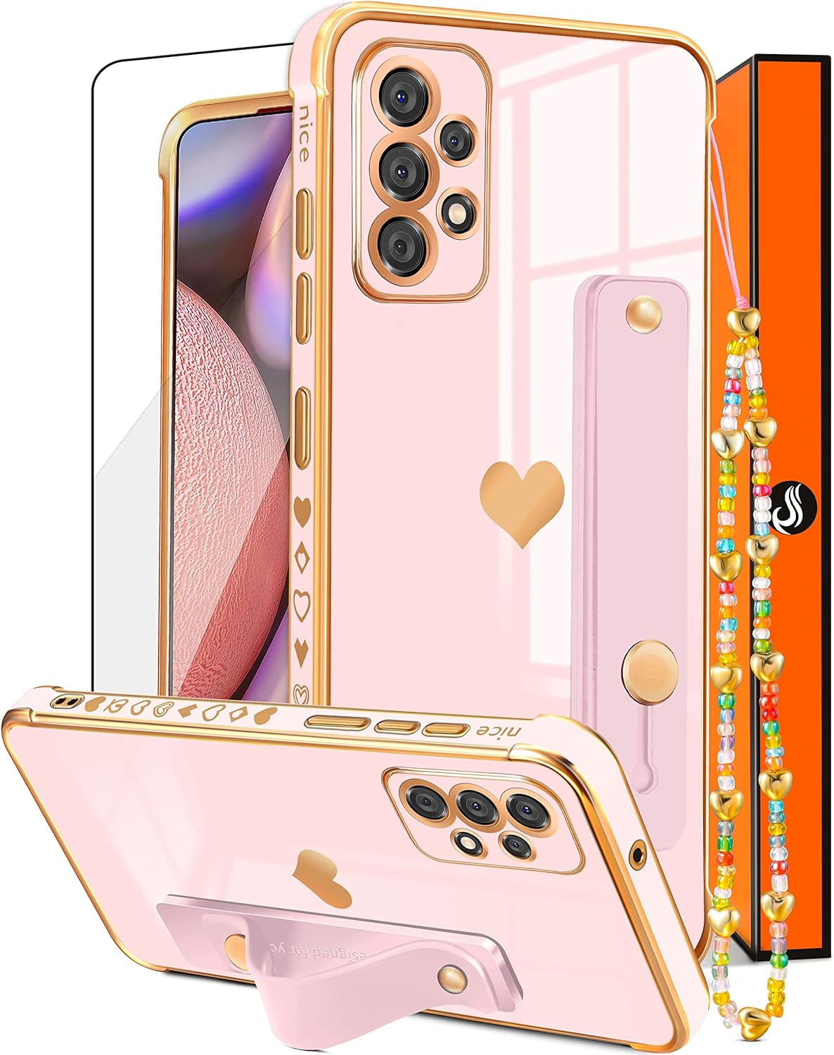 Likiyami (3In1 for Samsung Galaxy A53 5G Case Heart Women Girls Cute Girly Aesthetic Trendy Luxury Pretty with Loop Phone Cases Blue and Gold Plating Love Hearts Cover+Screen+Chain for A53 5G -6.5''  Likiyami Only For Samsung Galaxy A53 5G-Pink  