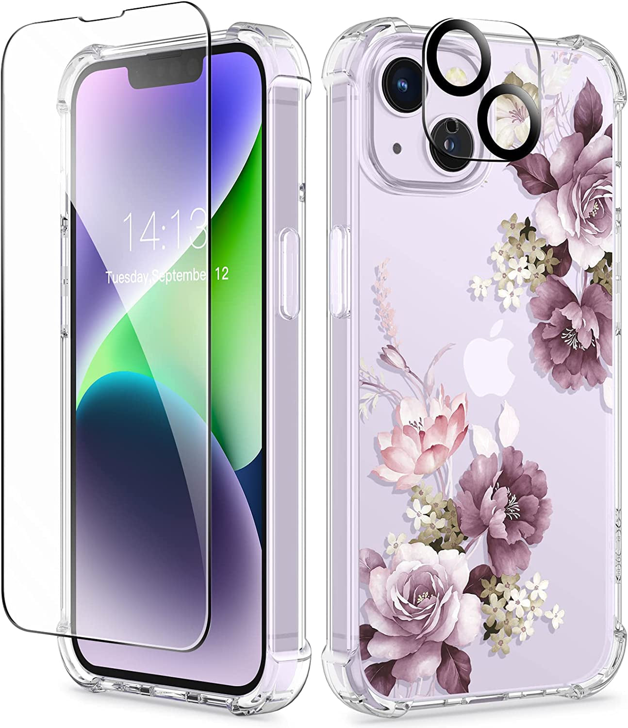 GVIEWIN Compatible with Iphone 14 Case with Screen Protector+Camera Lens Protector, Soft Shockproof Clear Floral Phone Protective Cover for Women, Flower Pattern Design 6.1"(Alluring Butterfly/Purple)  GVIEWIN Cherry Blossoms/Purple  