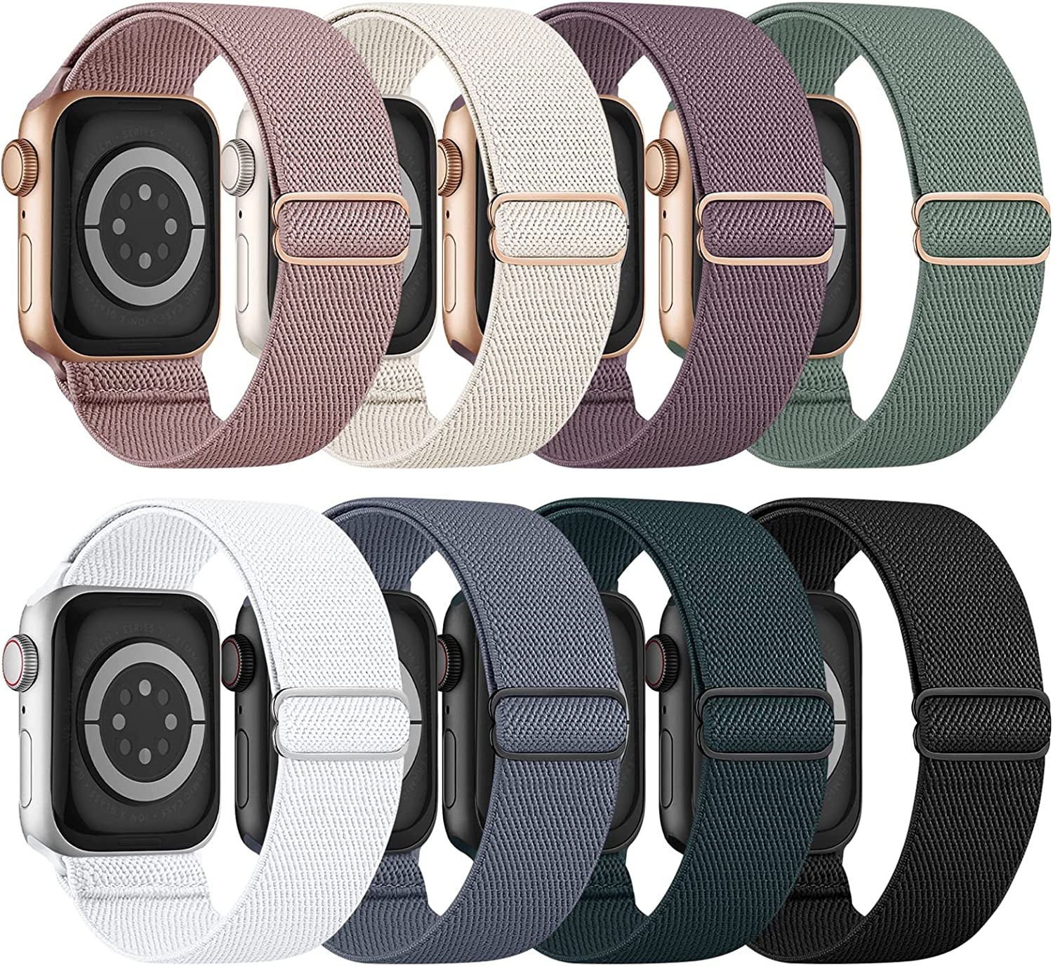 8 Pack Stretchy Nylon Bands Compatible with Apple Watch Band 38Mm 40Mm 41Mm 42Mm 44Mm 45Mm 49Mm, Women Men Adjustable Solo Loop Elastic Sport Wristbands Strap for Iwatch Series 8 7 6 SE 5 4 3 Ultra  Viccoky Black/Starlight/Pink/Smoke Violet/Cactus/White/Blue Gray/Deep Green 38mm/40mm/41mm 