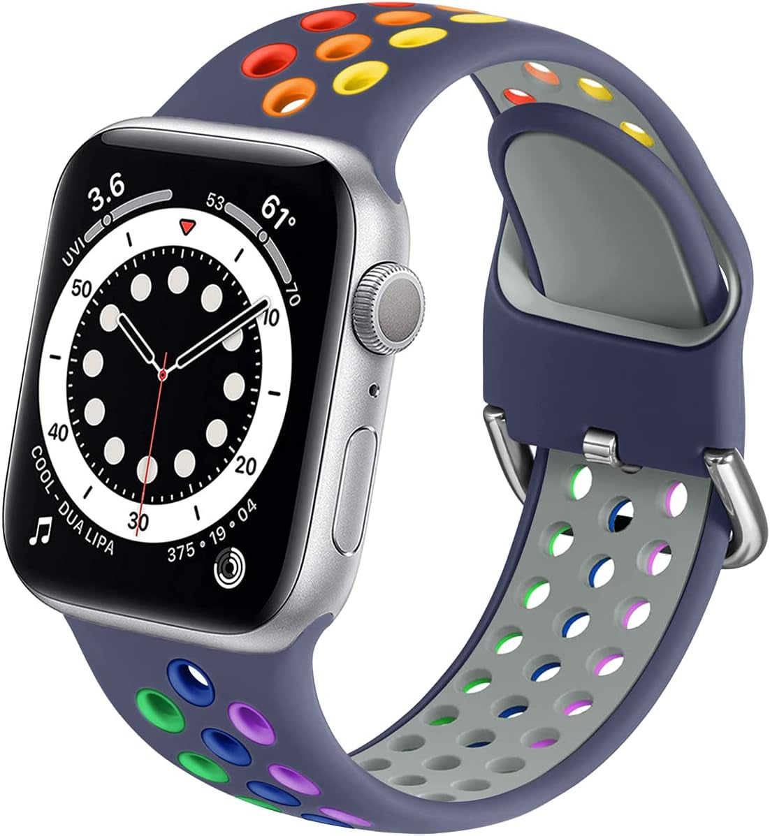 Muranne Sport Band Compatible with Apple Watch 38Mm 40Mm 41Mm 42Mm 44Mm 45Mm 49Mm for Women Men, Sport Breathable Soft Silicone Replacement Strap for Iwatch SE Ultra Series 8 7 6 5 4 3 2 1, S/M M/L  Muranne Blue Gray/Rainbow 42mm/44mm/45mm/49mm M/L 