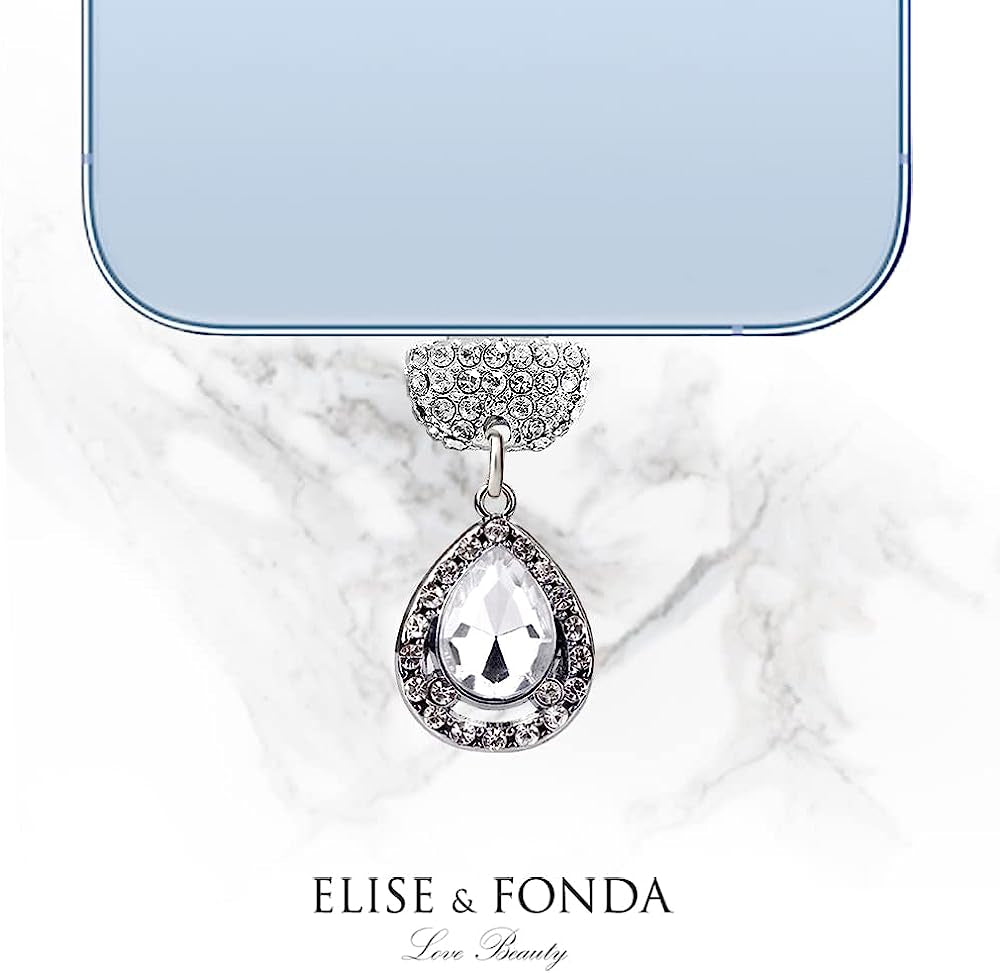 ELISE & FONDA CP449 USB Charging Port Crystal anti Dust Plug Little Water Drop Phone Charm for Iphone 13/12/11/ XS MAX/XR/X/8 Plus/7/6S/8/Se Ipad Ipod (White)  ELISE & FONDA   