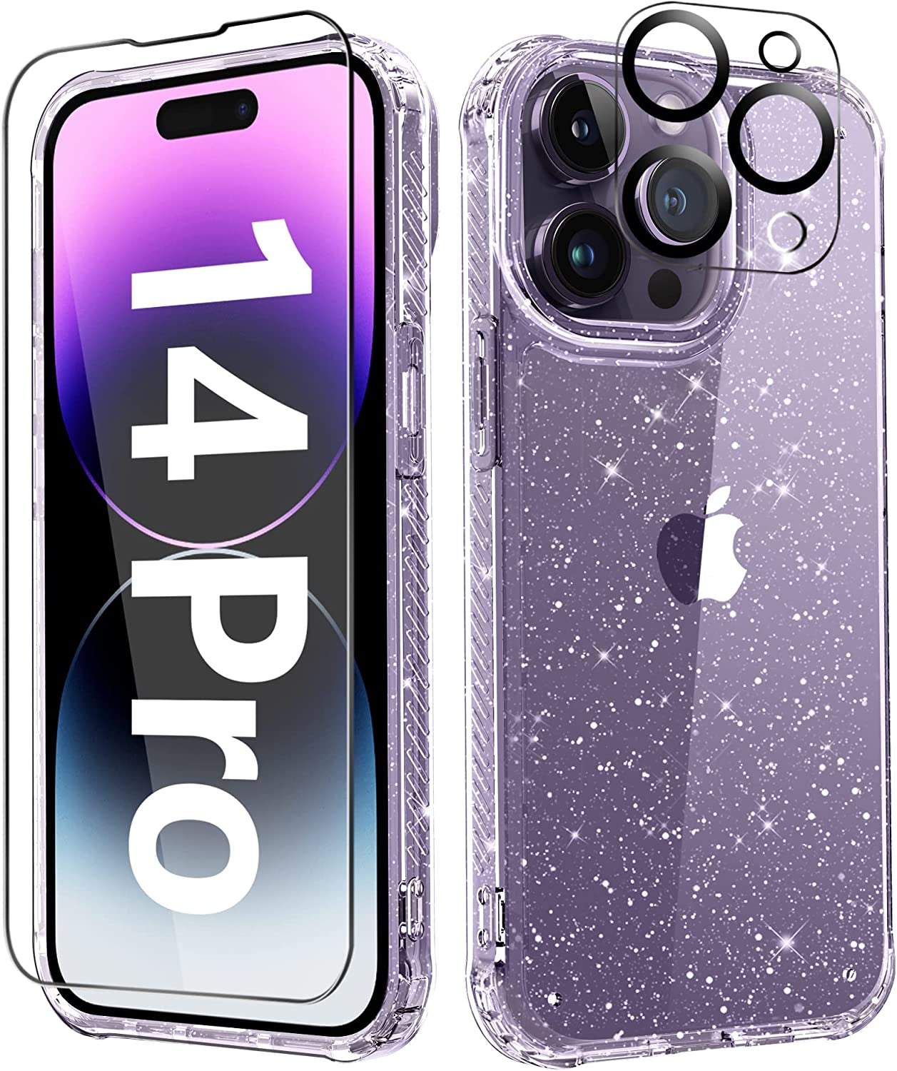 MIODIK Clear Glitter Case for Iphone 14 Pro, [Military-Grade Protective] with Screen Protector + Camera Protector, [Non-Yellowing] Slim Shockproof Women Cute Bumper Cover 6.1" 2022 (Sparkle Clear)  MIODIK   