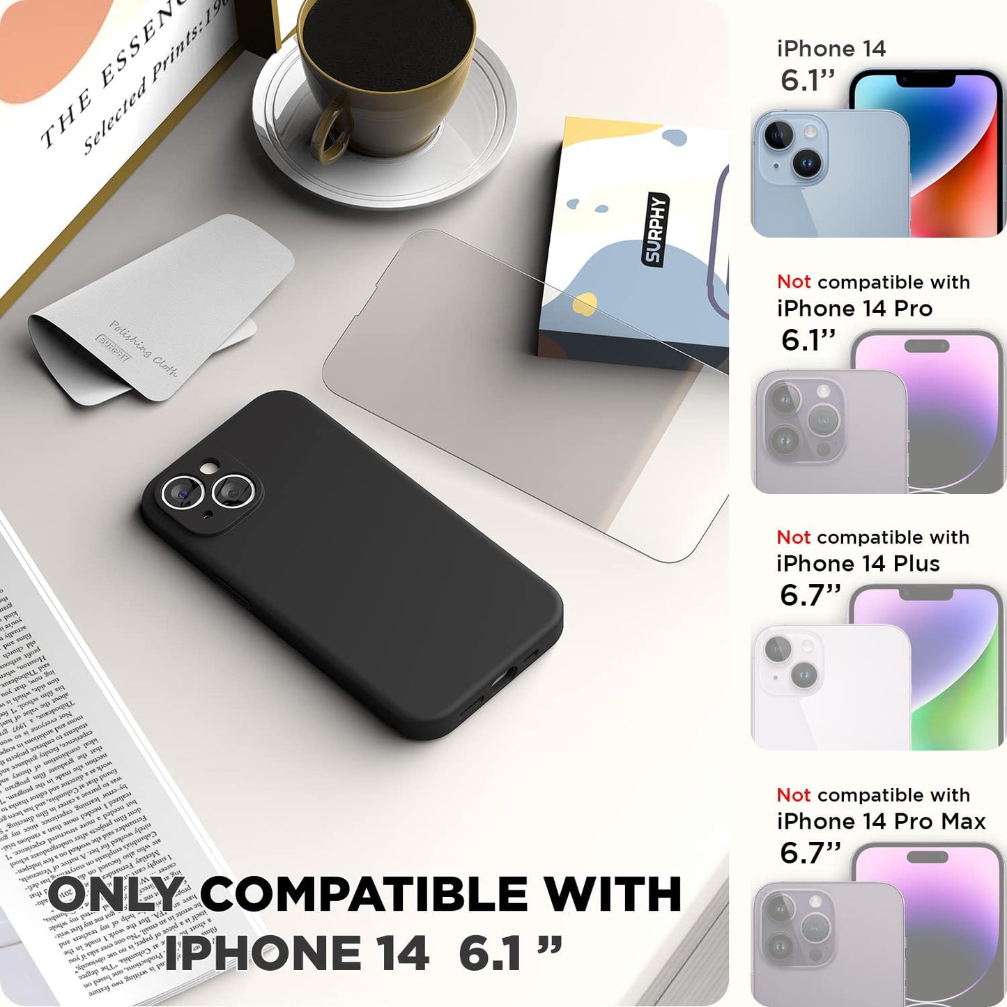 SURPHY Compatible with Iphone 14 Case with Screen Protector (Camera Protection + Soft Microfiber Lining) Liquid Silicone Phone Case 6.1 Inch 2022, Black  SURPHY   