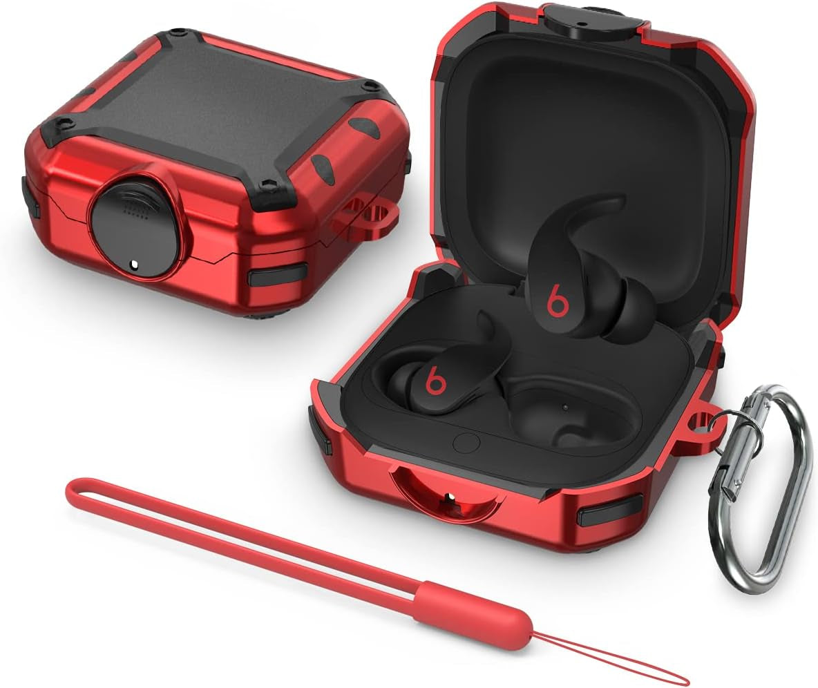 [With Lock] Case Cover for Beats Fit Pro Case 2021, Shock-Absorbing Protective PC+TPU Security Lock Cases Compatible with Beats Fit Pro with Keychain/Lanyard/Cleaning Brush (Black)  TOLUOHU Red  
