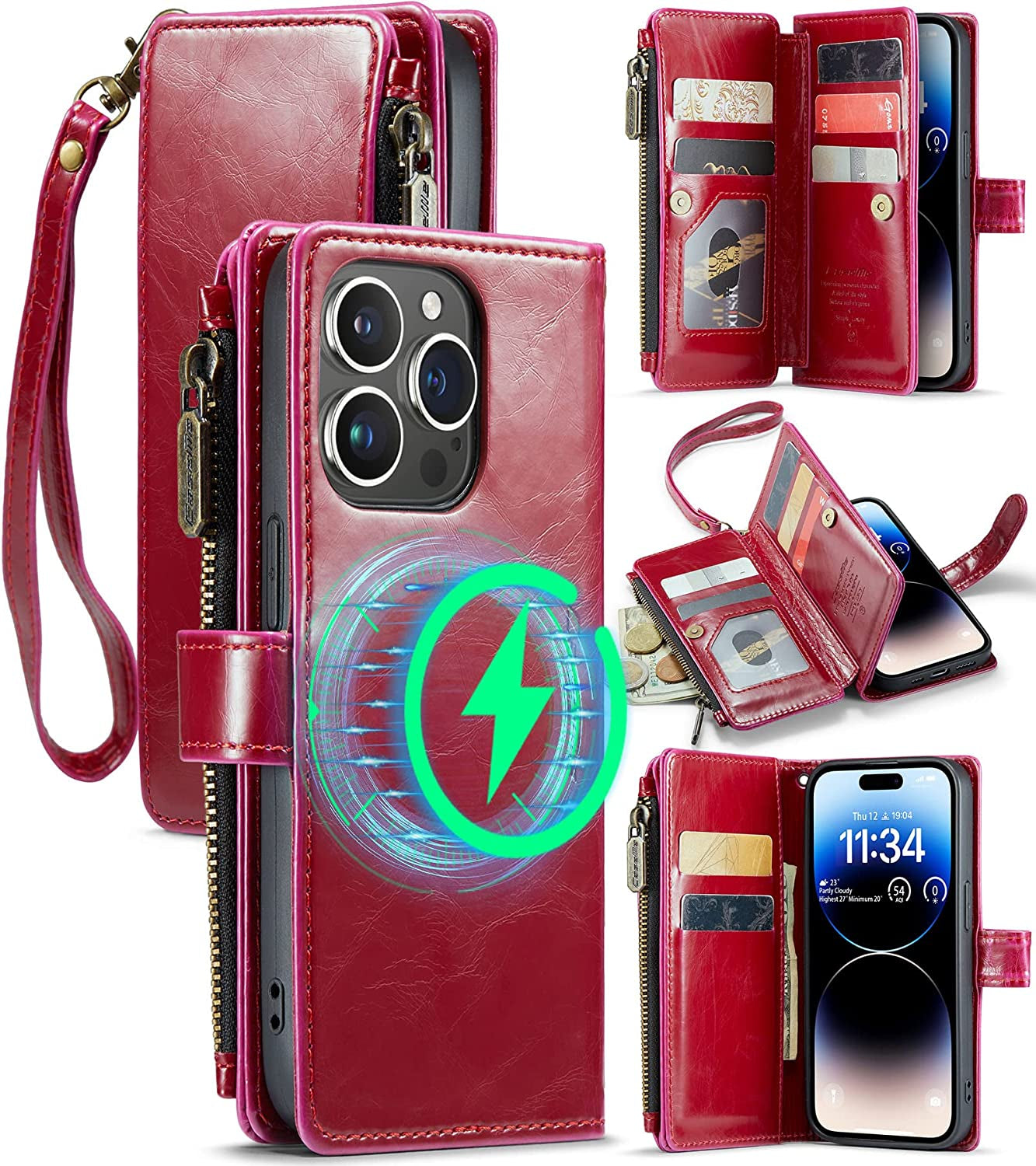 FLIPALM Wallet Case for Iphone 14 Pro(6.1") Flip Case,Compatible with Magsafe Charger,Pu Leather Zipper Protective Lanyard Strap Wristlet Case with Magnetic Closure and Card Holder Luxury Coffee  FLIPALM Luxury Red iPhone 14 Pro 