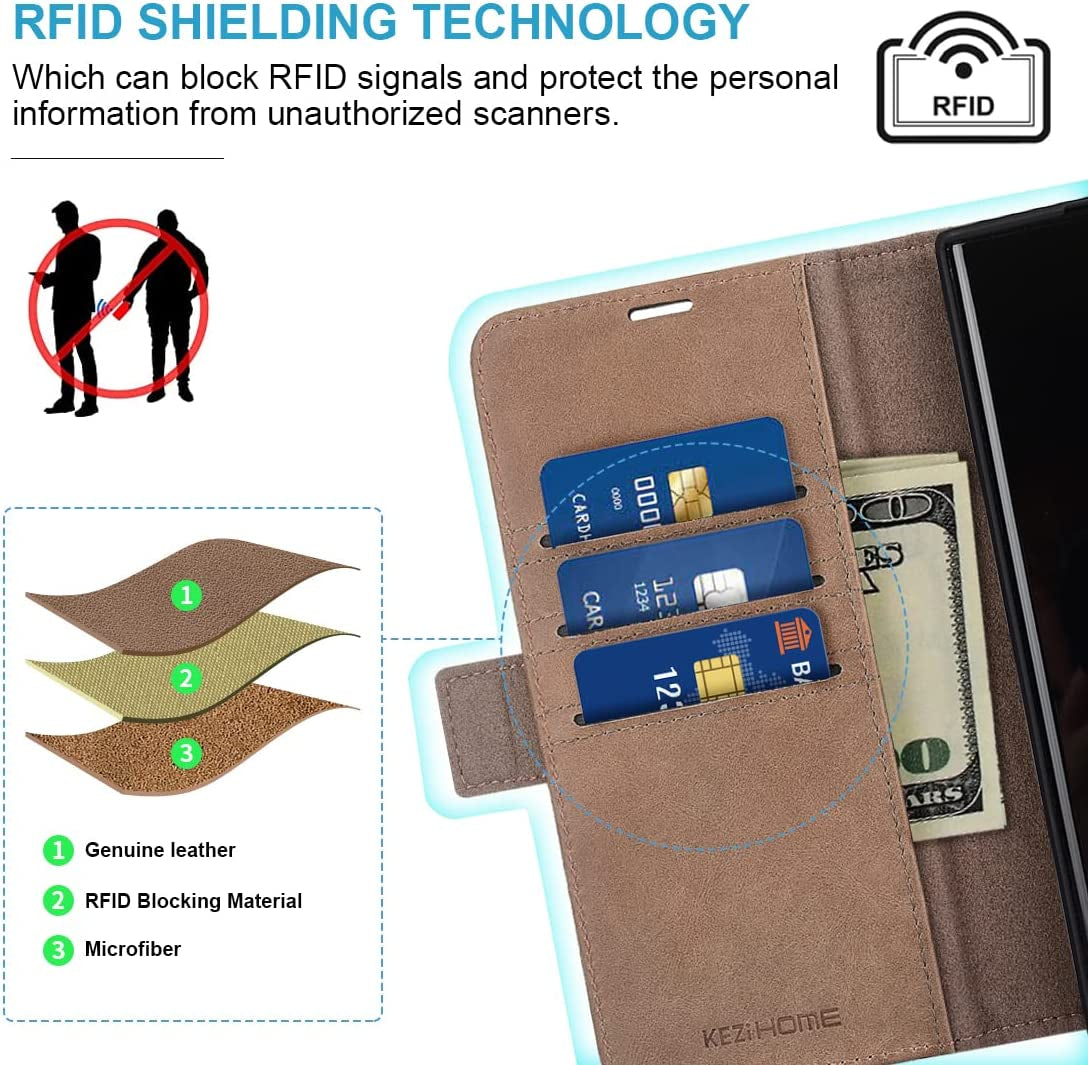 Kezihome Galaxy S22 Ultra Case, Genuine Leather [RFID Blocking] Samsung S22 Ultra 5G Wallet Case Card Slot Flip Magnetic Stand Phone Cover Compatible with Samsung Galaxy S22 Ultra (2022) (Gray/Brown)  Shenzhen Jiemeisi Tchnology Co.,LTD   