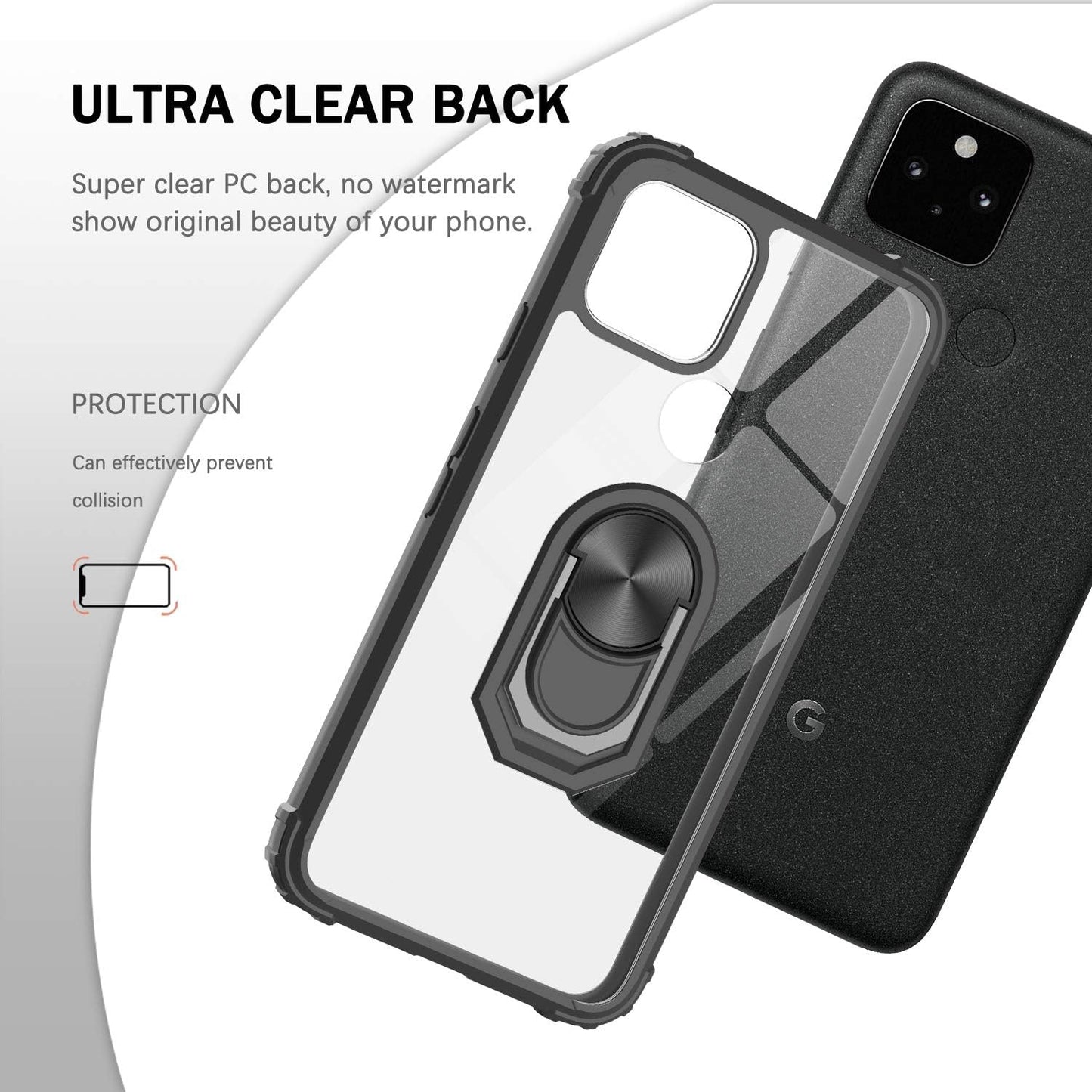 Leyi for Google Pixel 5 Case with 2PCS Screen Protector, [Military-Grade] Clear Crystal Shockproof Phone Case with Magnetic Car Ring Kickstand for Google Pixel 5, Black  LeYi   