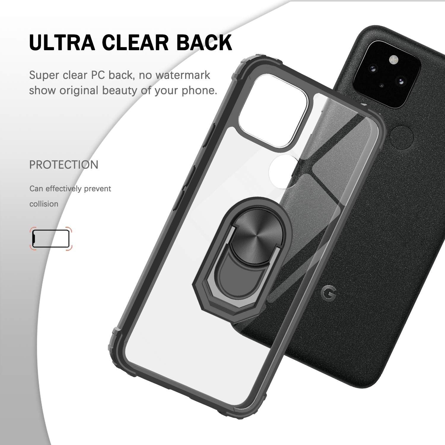Leyi for Google Pixel 5 Case with 2PCS Screen Protector, [Military-Grade] Clear Crystal Shockproof Phone Case with Magnetic Car Ring Kickstand for Google Pixel 5, Black  LeYi   