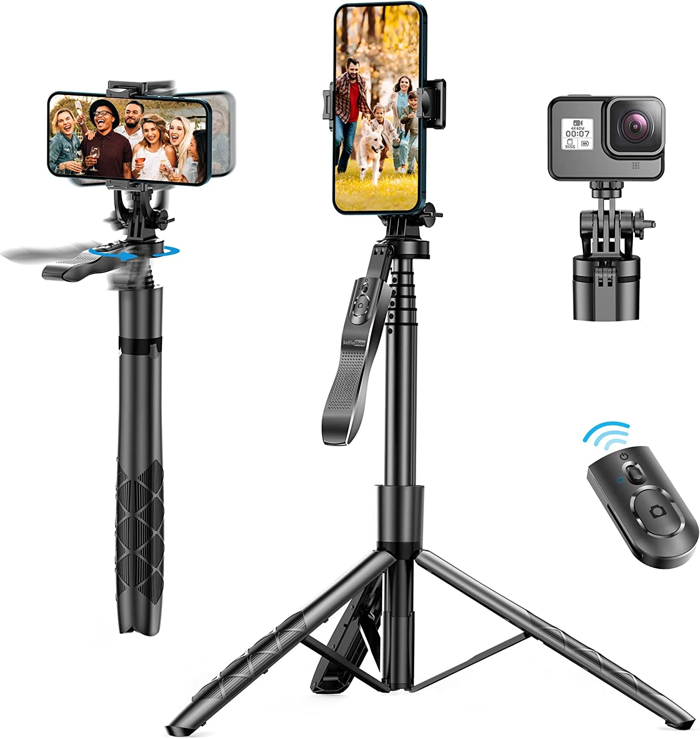 61" Selfie Stick Tripod, All in One Extendable Phone Tripod Stand with Wireless Remote 360° Rotation for Iphone and Android Phone Selfies, Video Recording, Vlogging, Live Streaming, Aluminum  LDP   