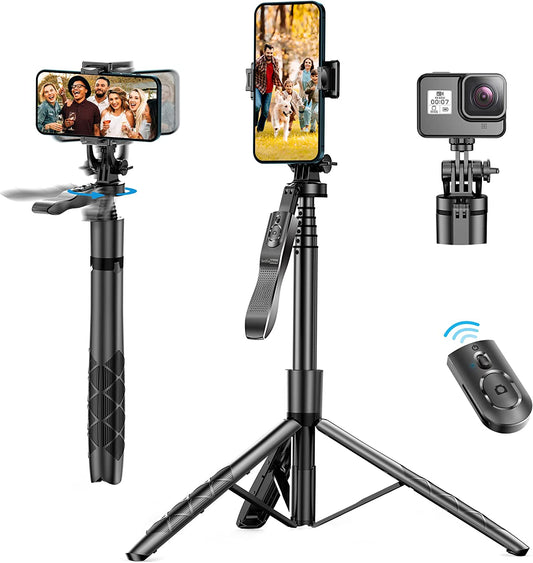 61" Selfie Stick Tripod, All in One Extendable Phone Tripod Stand with Wireless Remote 360° Rotation for Iphone and Android Phone Selfies, Video Recording, Vlogging, Live Streaming, Aluminum  LDP   