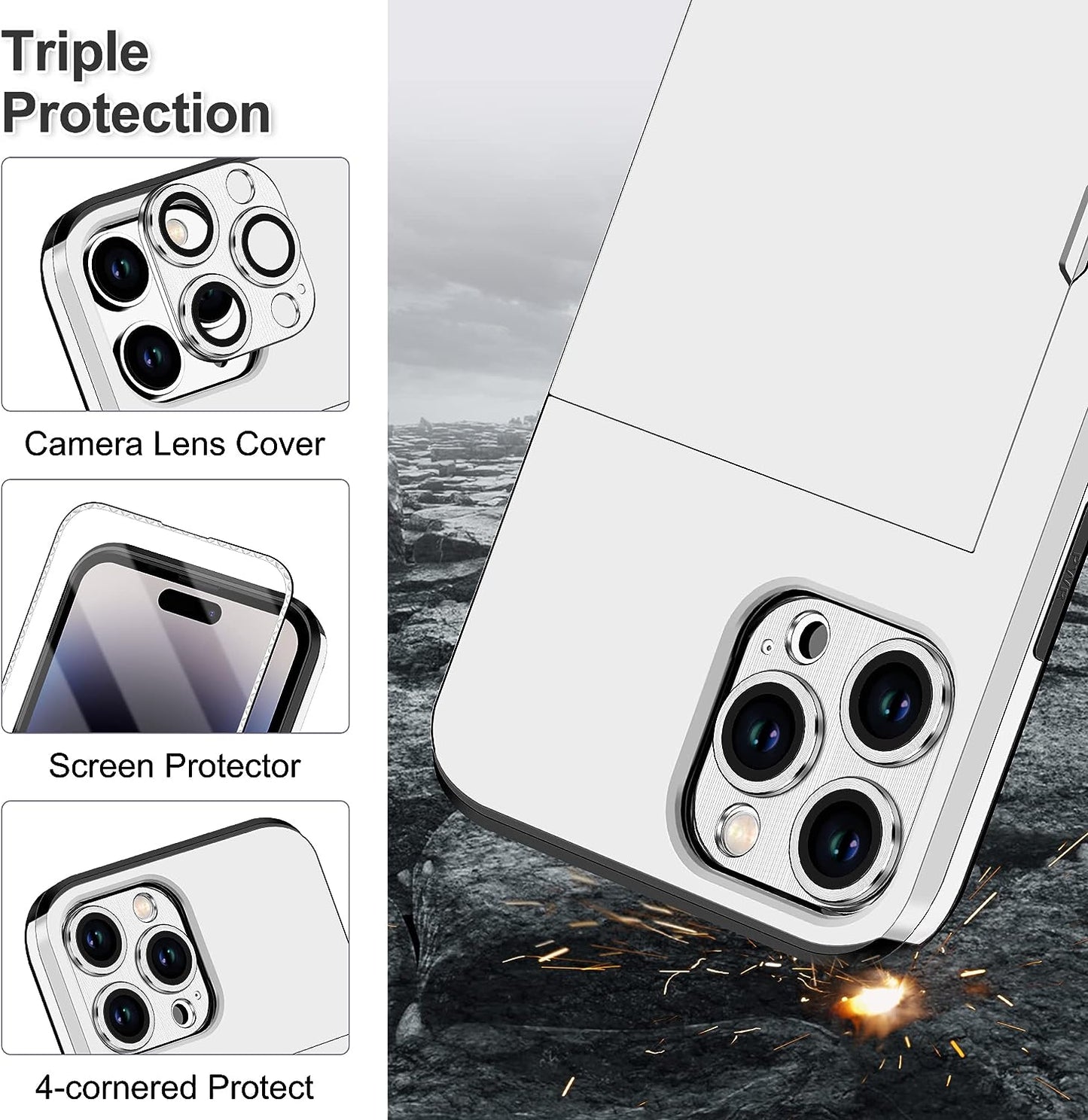 SAMONPOW for Iphone 14 Pro Case Wallet 4-In-1 Hybrid Iphone 14 Pro Protective Case with Card Holder & Screen Protector & Camera Cover Full Body Shockproof Bumper Cover Case for Iphone 14 Pro White  SAMONPOW   