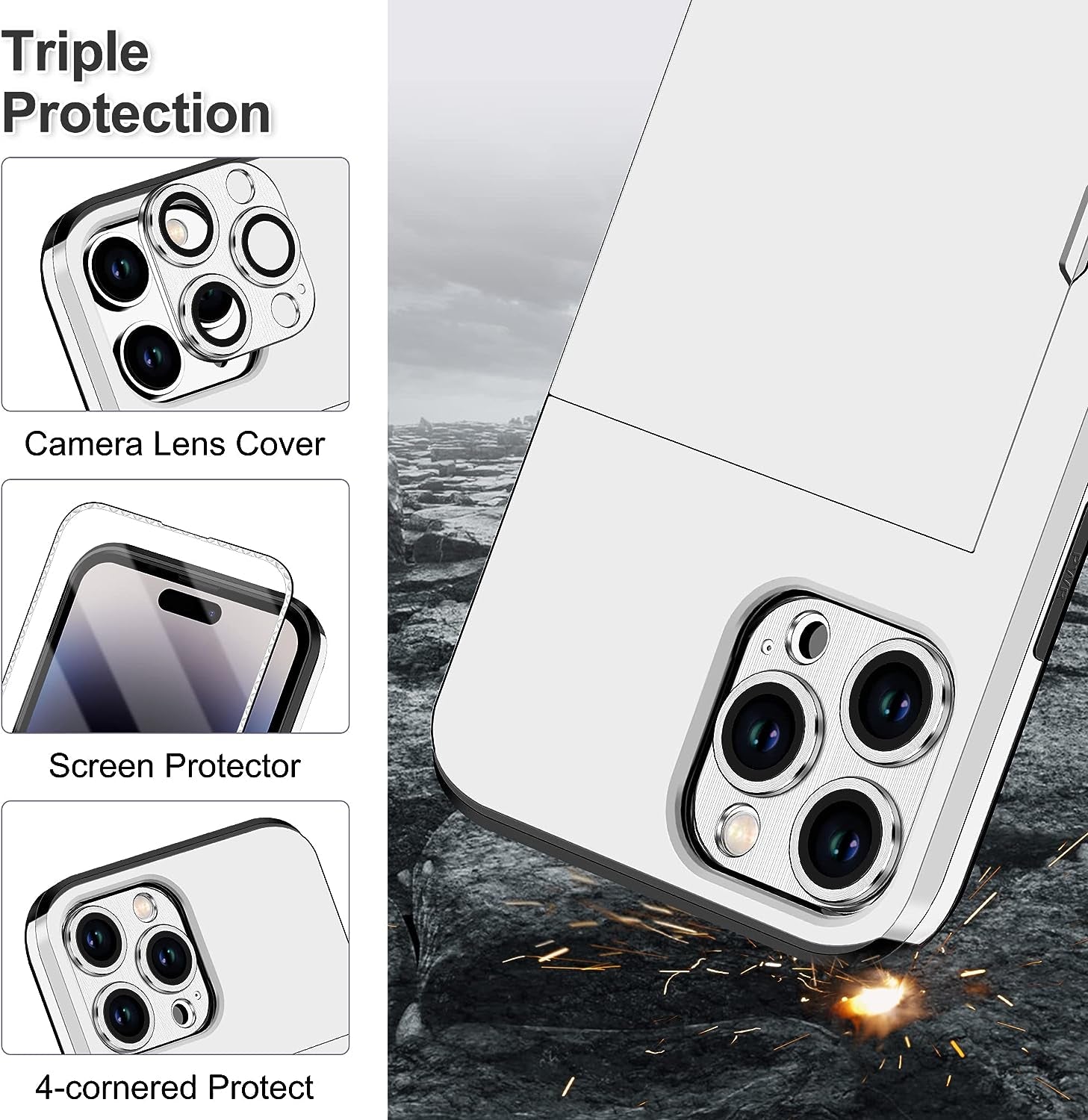 SAMONPOW for Iphone 14 Pro Case Wallet 4-In-1 Hybrid Iphone 14 Pro Protective Case with Card Holder & Screen Protector & Camera Cover Full Body Shockproof Bumper Cover Case for Iphone 14 Pro White  SAMONPOW   