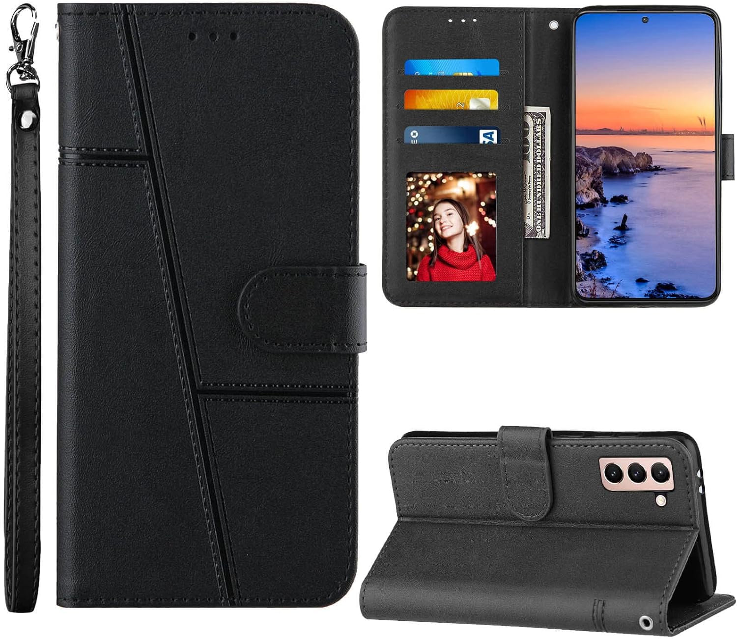 Jancalm S21 Case Wallet 2022, for Galaxy S21 Case,[Wrist Strap][Card Holder Slots][Kickstand] Premium PU Leather S21 Phone Case Flip Cover Magnetic Protective for Samsung Galaxy S21 5G (Black)  JanCalm   
