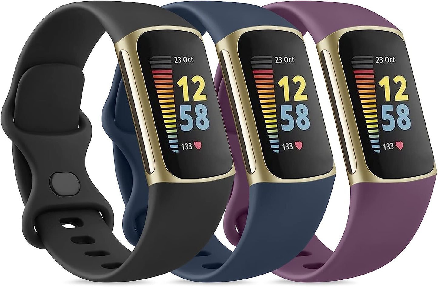 3 Pack Sport Bands Compatible with Fitbit Charge 5 Bands for Women Men, Classic Soft Silicone Replacement Wristbands for Fitbit Charge 5 Fitness Tracker (Small,Rose Gold/Champagne Gold/Wine Red)  AK Black/Navy Blue/Purple Small 