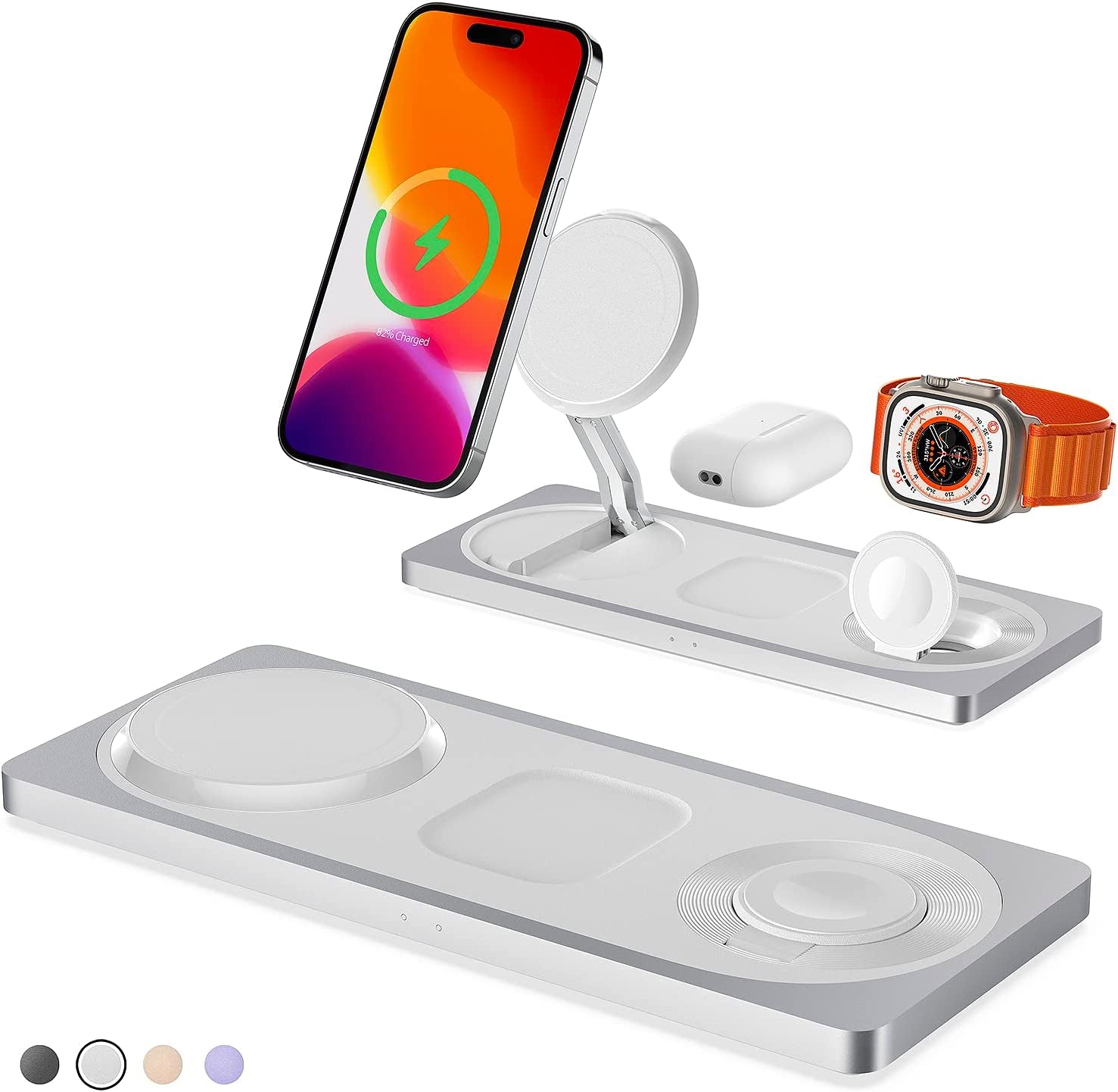 Wireless Charger,3 in 1 Faster Mag-Safe Wireless Charging Station,Wireless Charging Pad for Iphone 14,13,12 Pro Max/Pro/Mini/Plus, Apple Watch Ultra 8/7/SE/6/5/4/3/2/1, Airpods Pro/2/3(Black)  PETINO Silver  