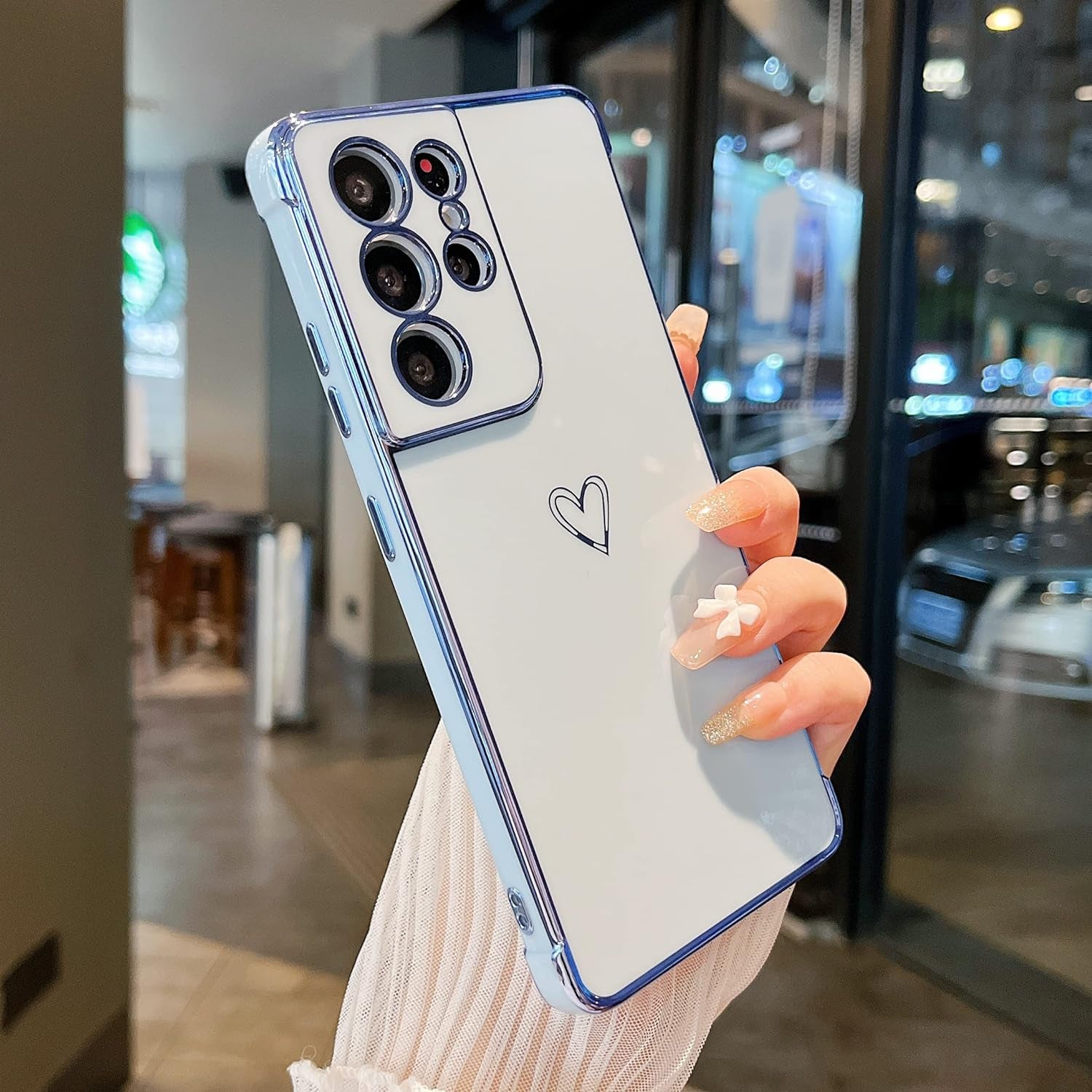 ZTOFERA Designed for Samsung Galaxy S21 Ultra 5G Case,Cute Plating Edge Love Hearts Pattern with Camera Lens Protection Phone Cover for Girls Women,Blue  ZTOFERA   