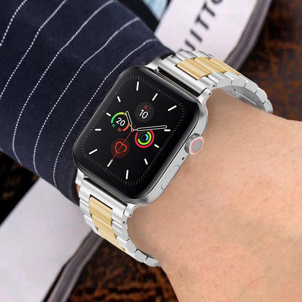 U191U Band Compatible with Apple Watch Stainless Steel Wristband Metal Buckle Clasp Iwatch 38Mm 40Mm 41Mm Strap Bracelet for Apple Watch Series 7/6/5/4/3/2/1 Sports Edition (Silver/Gold, 38/40/41MM)  U191U   