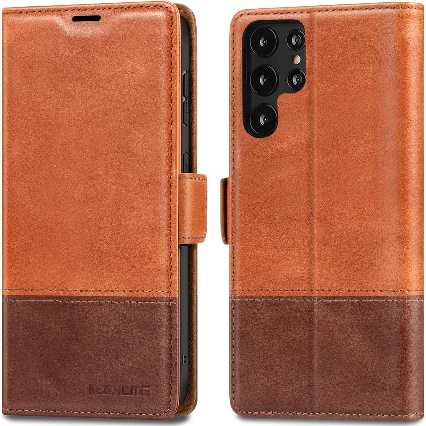 Kezihome Galaxy S22 Ultra Case, Genuine Leather [RFID Blocking] Samsung S22 Ultra 5G Wallet Case Card Slot Flip Magnetic Stand Phone Cover Compatible with Samsung Galaxy S22 Ultra (2022) (Gray/Brown)  Shenzhen Jiemeisi Tchnology Co.,LTD Khaki/Brown  