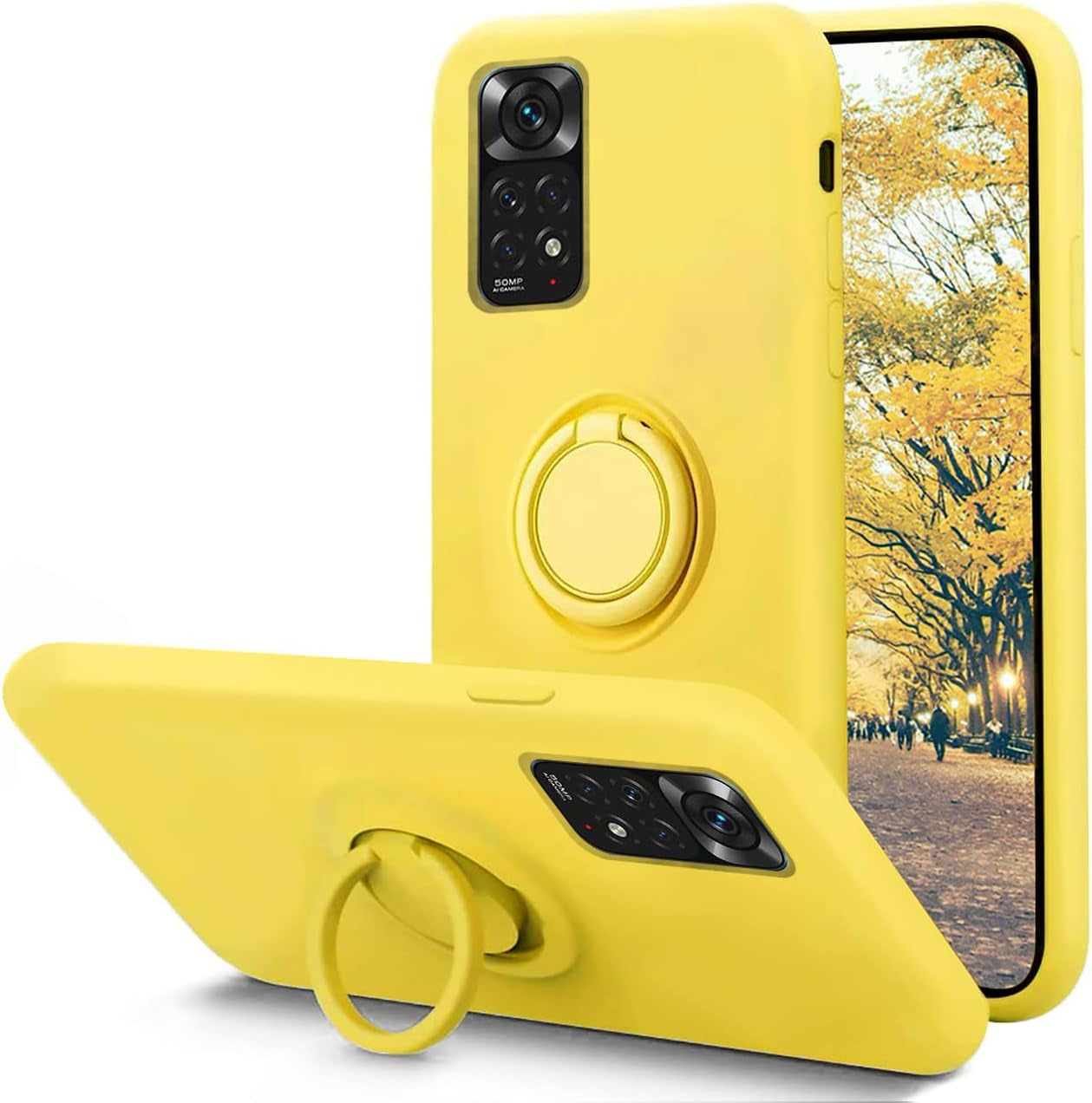 Case for Xiaomi Poco M4 Pro 5G Silicone Liquid,Soft Gel Microfiber Lining Cushion Bumper for Xiaomi Poco M4 Pro 5G with Ring Holder Kickstand Support Magnetic Case Black  Leton Yellow  
