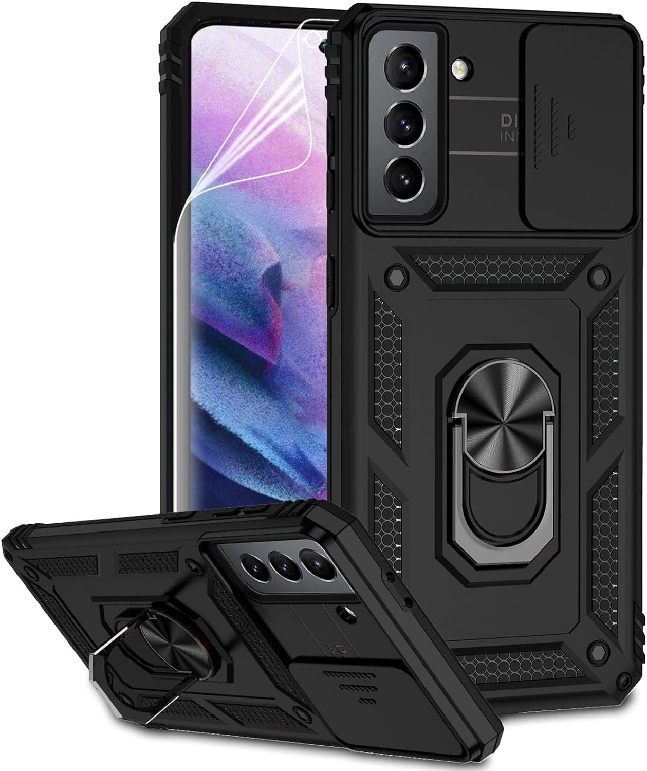 For Samsung Galaxy S21 plus Case with Camera Lens Cover HD Screen Protector, Military-Grade Drop Tested Magnetic Ring Holder Kickstand Protective Phone Case for Samsung Galaxy S21+ plus 5G (Navy Blue)  JINZHI Inc Black With Camera Cover Military-Grade 2Nd Gen  