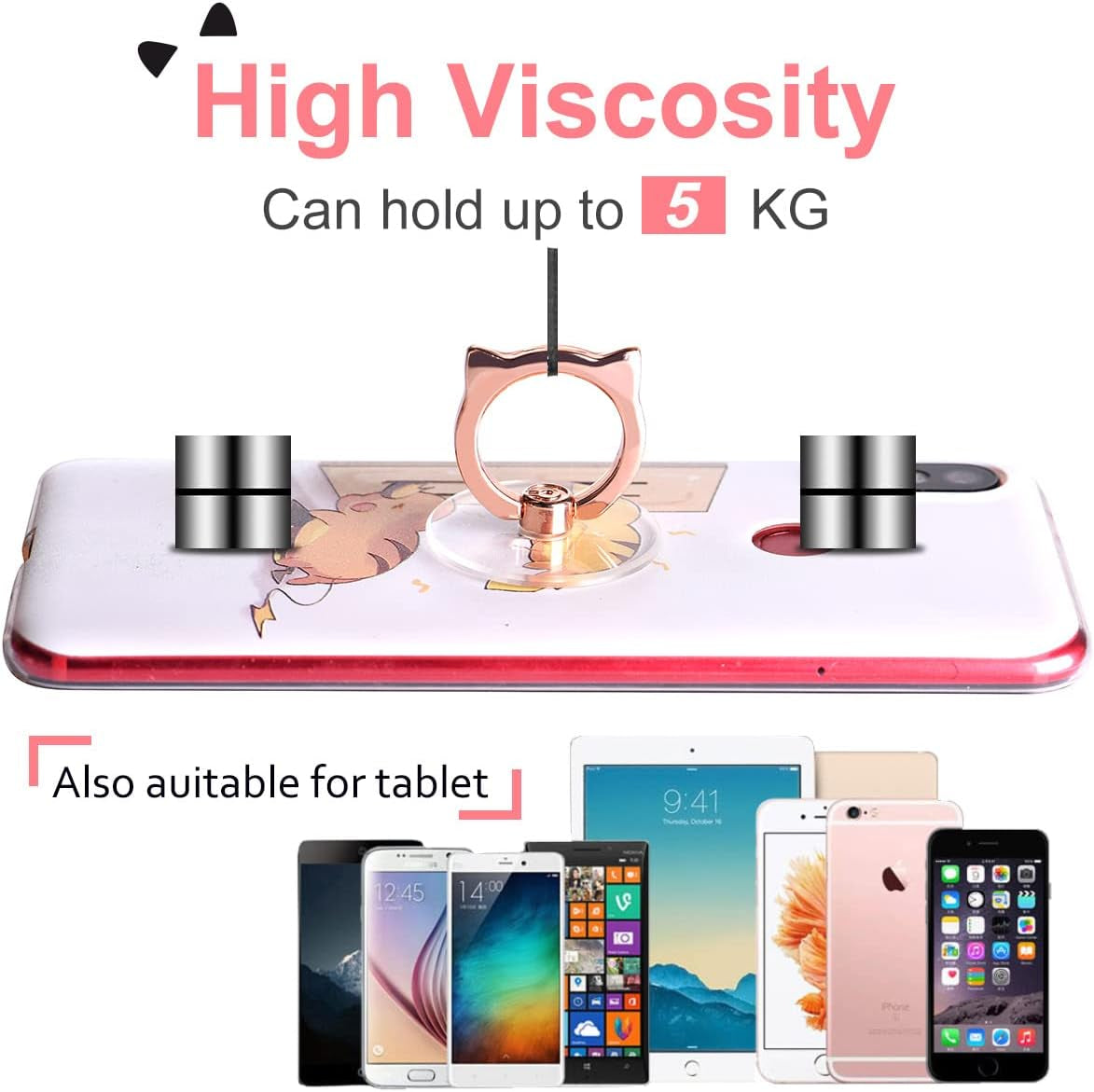 Cat Phone Ring Holder - EI Sonador Clear Cell Phone Ring Holder Transparent Stand Finger Grip (1 Silver + 1 Rose Gold Cat)  EI Sonador   