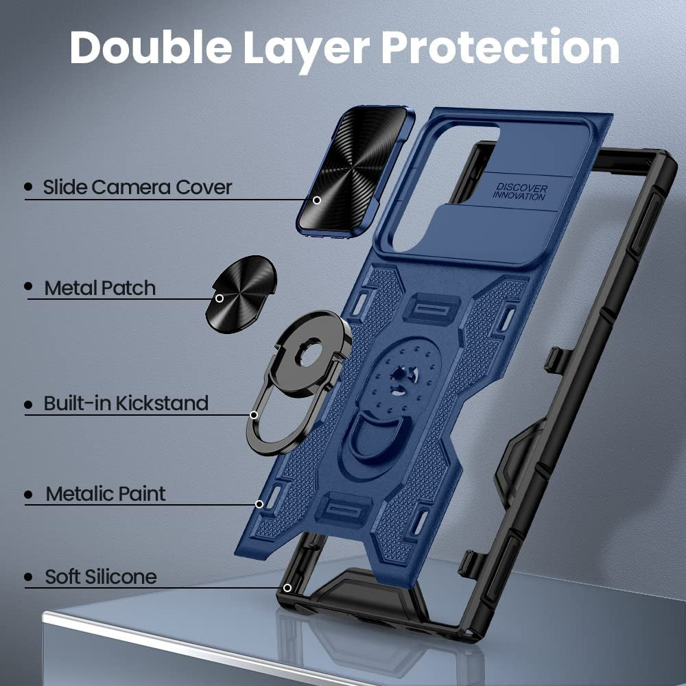 VEGO Compatible for Galaxy S22 Ultra Stand Case with Slide Camera Cover, Built-In 360° Rotate Magnetic Ring Stand Heavy Duty Protective Cover Case for Samsung Galaxy S22 Ultra 5G 6.8 Inch 2022 - Blue  VEGO   