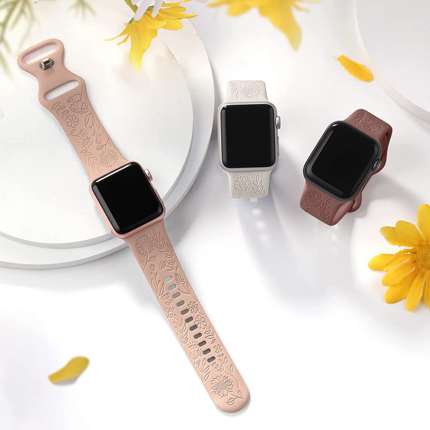 3 Pack Sunflower Engraved Bands Compatible with Apple Watch Band 38Mm 40Mm 41Mm 42Mm 44Mm 45Mm 49Mm Women Girl, Flower Silicone Wrist Bands Strap Compatible with Iwatch Series 8 7 6 5 4 3 2 1 SE Ultra  SNBLK   