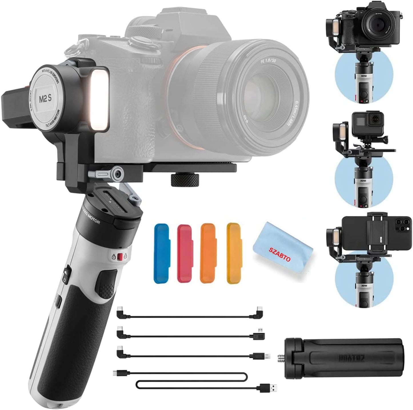 Zhiyun Crane M2S Camera Gimbal 3-Axis Handheld Video Stabilizer for Mirrorless Camera,Action Camera,Smartphone,For Sony A6000,A6300,A6500,For Gopro Hero 10/9/7,For Iphone 13 Pro Max Mini 12 11  zhi yun   