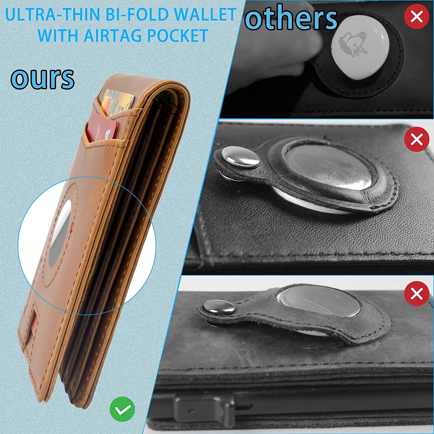 Dseeky Mens Slim Bifold Wallet Multi-Function Wallet Slim Simple Leather Wallet for Airtag Oscar,Genuine Crazy Horse Leather(Light Brown)  Dseeky   