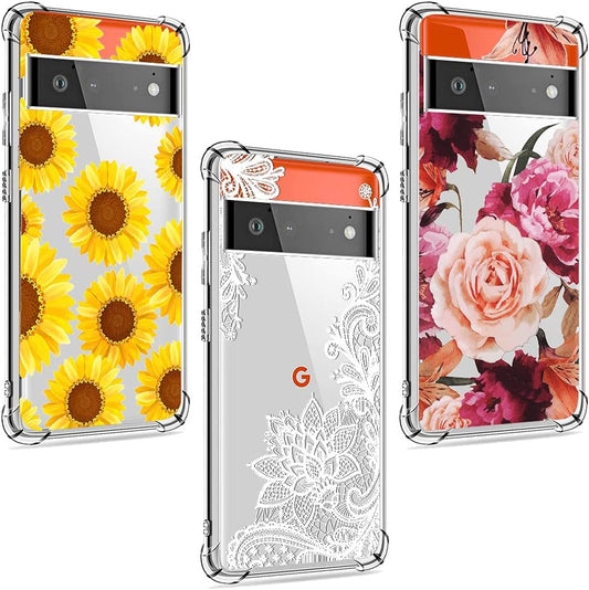 (3 Pack) for Google Pixel 6 Case, for Pixel 6 Case, Shock-Absorption Anti-Scratch Crystal Clear Soft TPU Bumper Protective Phone Case Cover for Google Pixel 6 (2021), Flower  HAIJ   