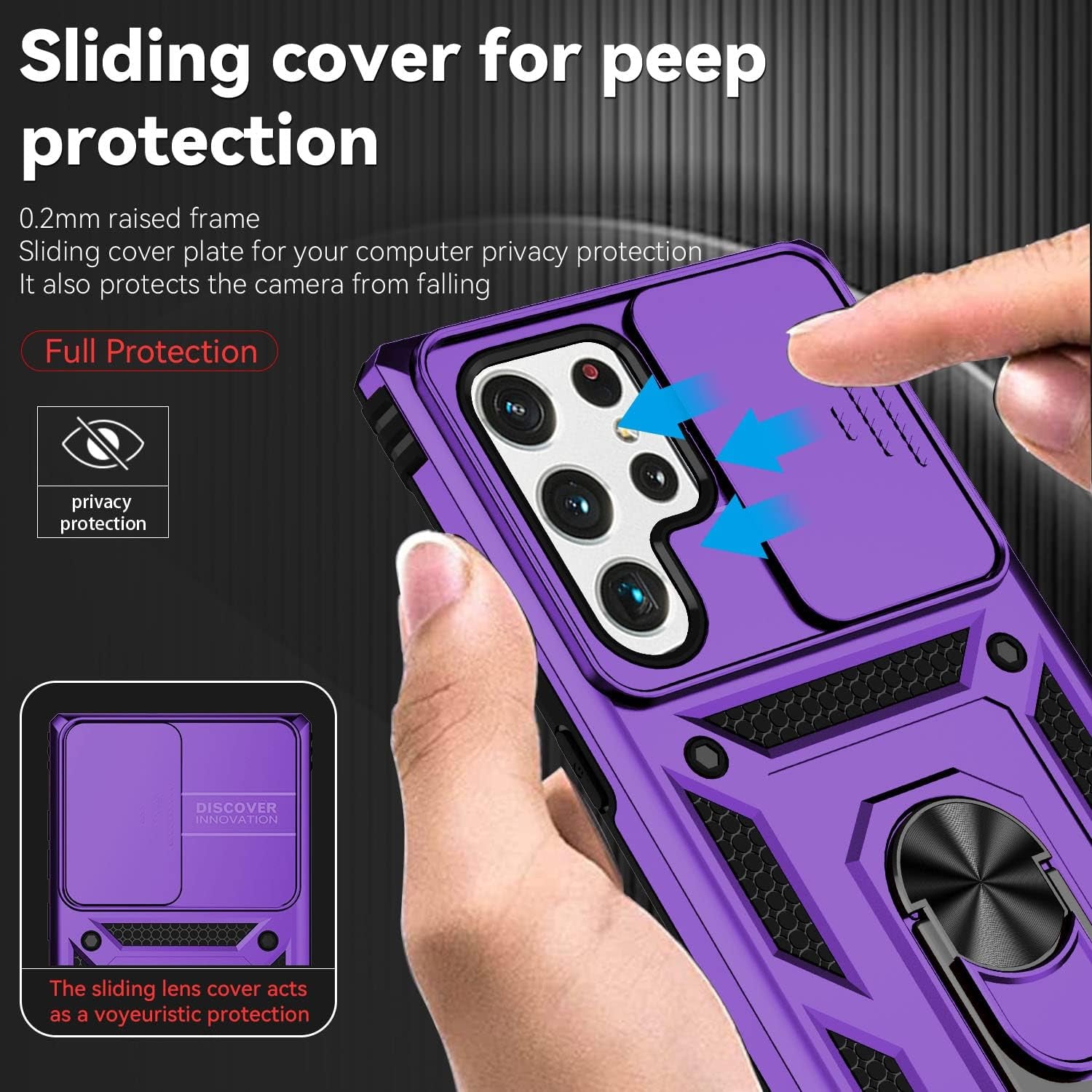 For Samsung Galaxy S22 Ultra Case with Camera Lens Cover HD Screen Protector, Military-Grade Drop Tested Magnetic Ring Holder Kickstand Protective Phone Case for Samsung Galaxy S22 Ultra 5G (Purple)  JINZHI Inc   