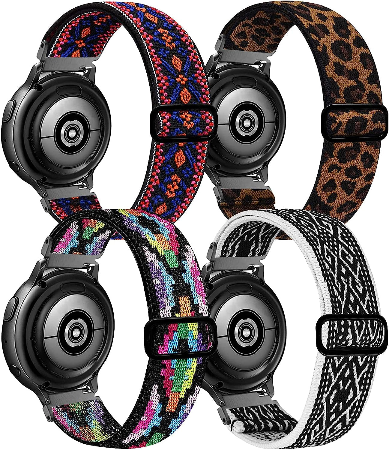 20Mm Stretchy Band Compatible with Samsung Galaxy Watch 5/4 40Mm 44Mm/Watch 5 Pro 45Mm/Watch 4 Classic 42Mm 46Mm/Watch 3 41Mm/Galaxy Watch 42Mm/Active 40Mm/Active 2 40 44Mm, Nylon Strap for Men Women  POHNUI Rhombus+Aztec Red+Leopard+Black White Rhombus  