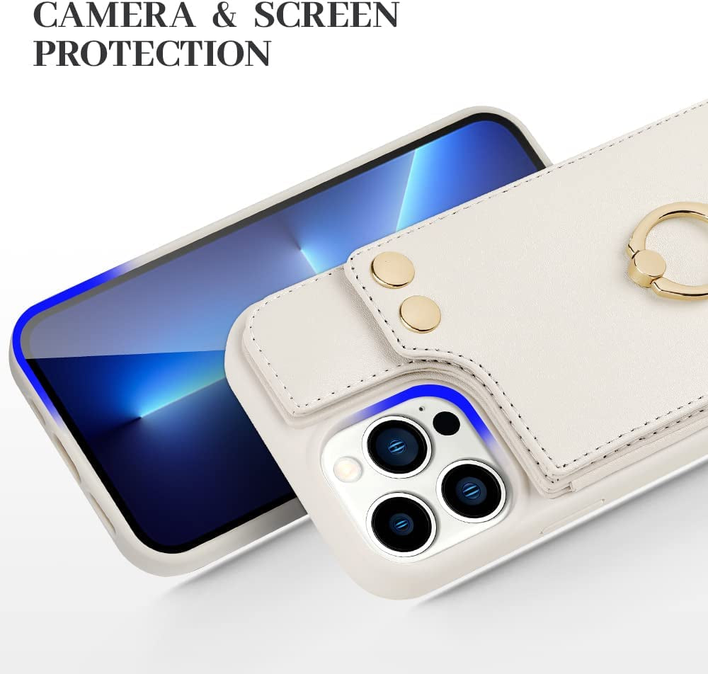 LAMEEKU Magsafe Wallet Case Compatible with Iphone 13 Pro Max with Crossbody, Leather Case with Card Holder 360°Rotation Ring Kickstand Cover with Mirror Designed for Iphone 13 Pro Max 6.7'' Beige  LAMEEKU   