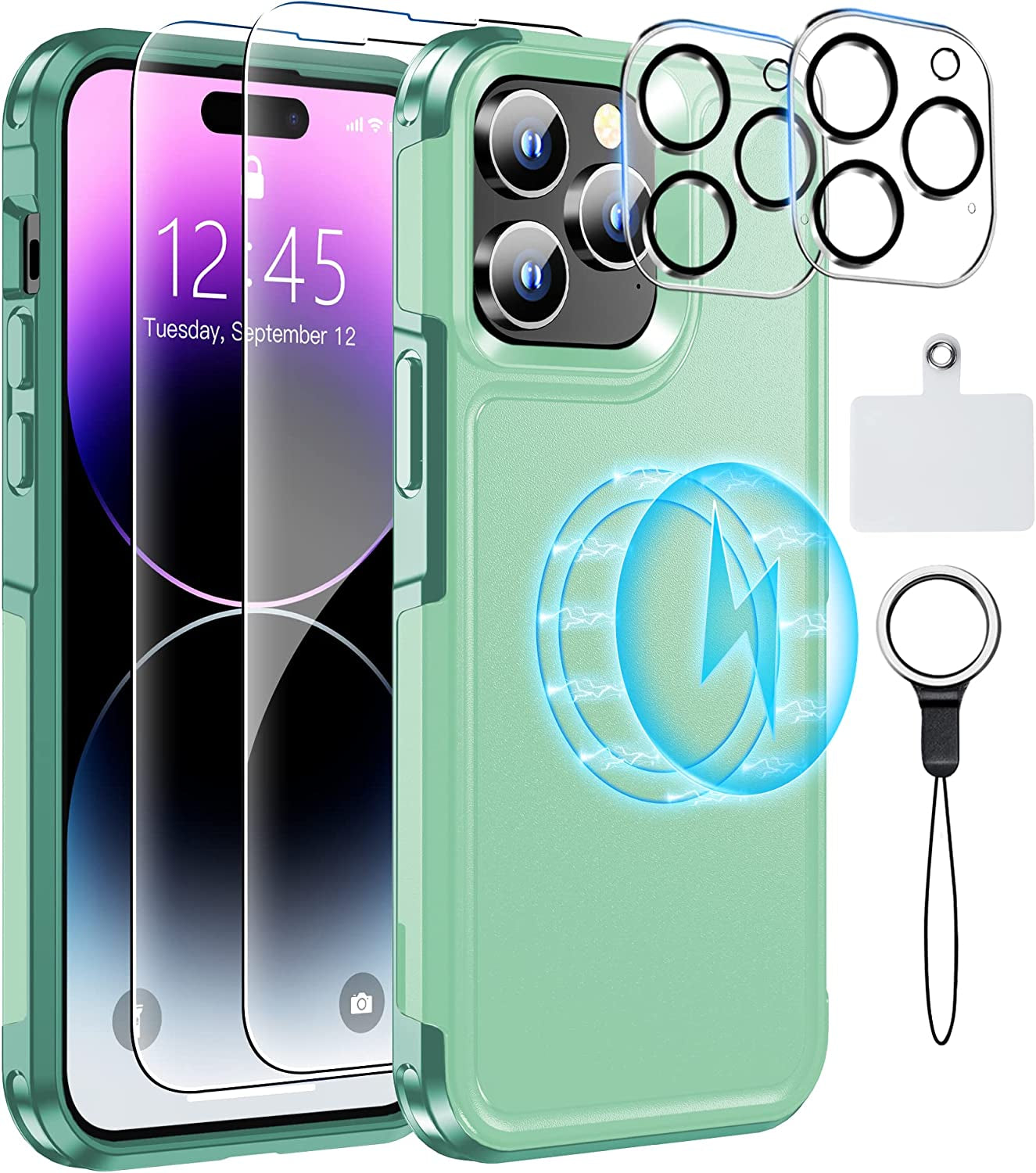 MOZOTER Magnetic for Iphone 14 Pro Max Phone Case [Compatible with Magsafe][Military Grade Drop Protection][Glass Screen Protector+Camera Lens Protector] Heavy Duty Shockproof Case 6.7 Inch-Black  MOZOTER Green  