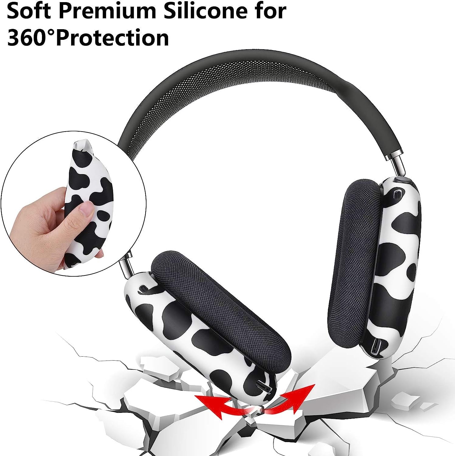 AIRSPO Compatible with Airpods Max Case Cover, Silicone Sleeve Case for Airpods Max Headphone Floral Print Protective Airpod Max Earpads Cover (Black/Cow)  AIRSPO   