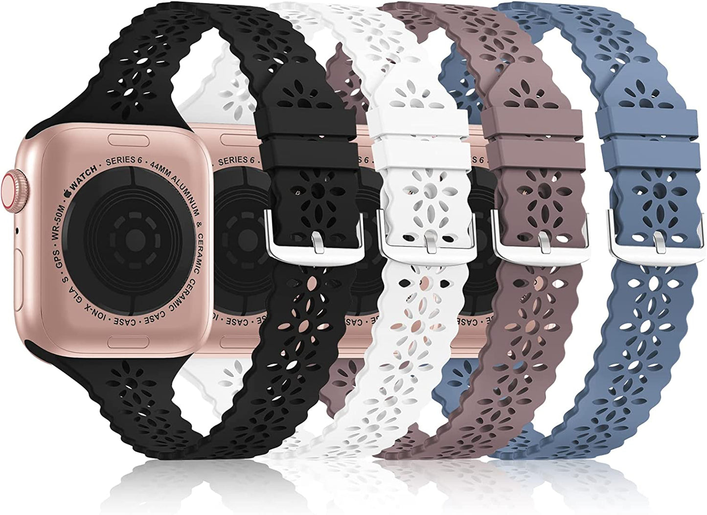 Bandiction 4 Pack Lace Silicone Bands Compatible with Apple Watch Band 38Mm 40Mm 41Mm 42Mm 44Mm 45Mm 49Mm, Women Slim Thin Hollow-Out Sport Wristband for Iwatch Series Ultra 8 SE 7 6 5 4 3 2 1  Bandiction Brown/Black/Alaskan Blue/White 38mm/40mm/41mm 