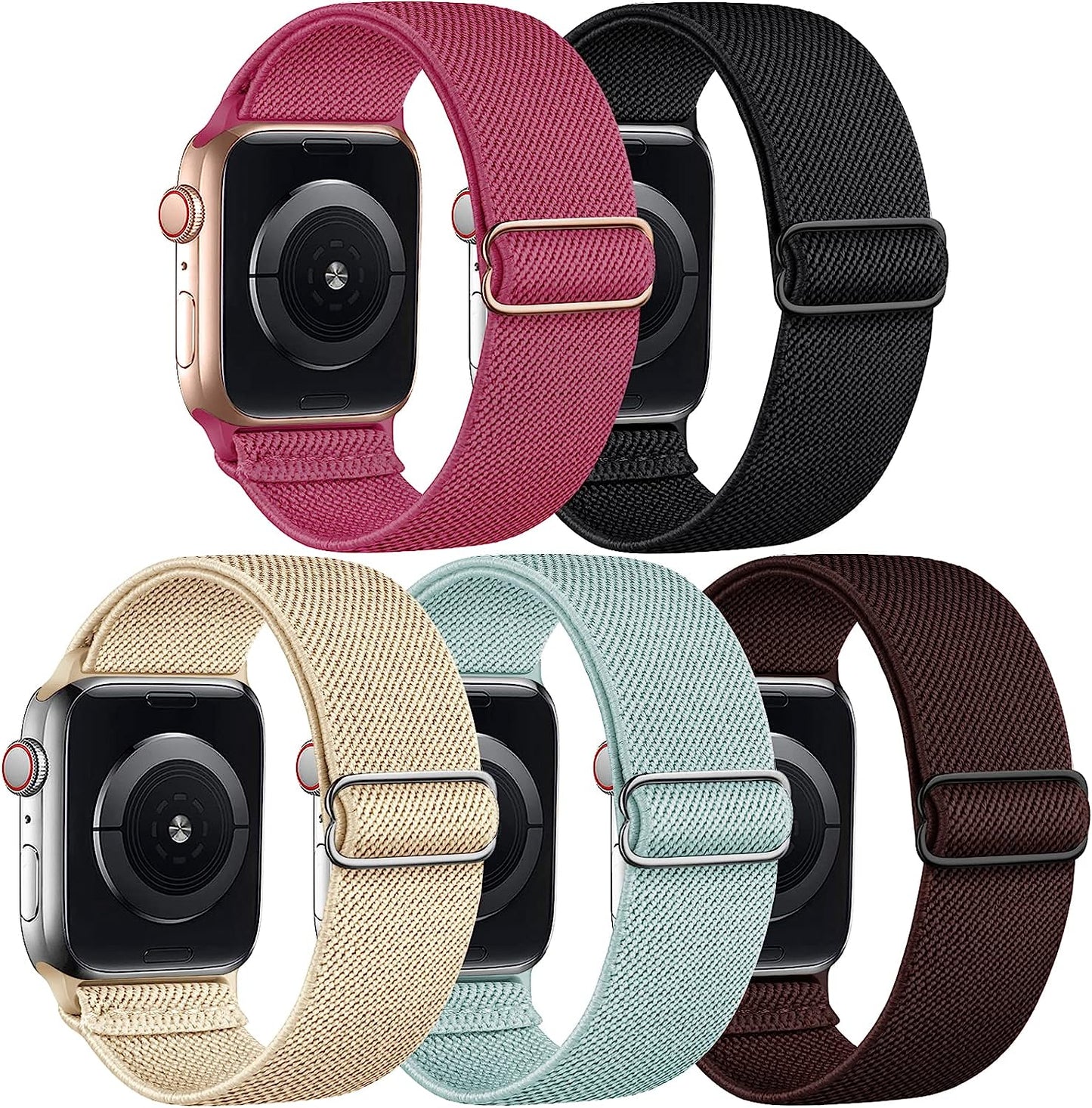 Cangroo 5 Pack Stretchy Nylon Bands Compatible with Apple Watch Band 38Mm 40Mm 41Mm 42Mm 44Mm 45Mm 49Mm for Women Men, Elastic Solo Loop Braided Wristbands for Iwatch SE Ultra Series 8 7 6 5 4 3 2 1  Cangroo Orchid Flower/Black/Beige/Pale Aqua/Chocolate 42mm/44mm/45mm/49mm 