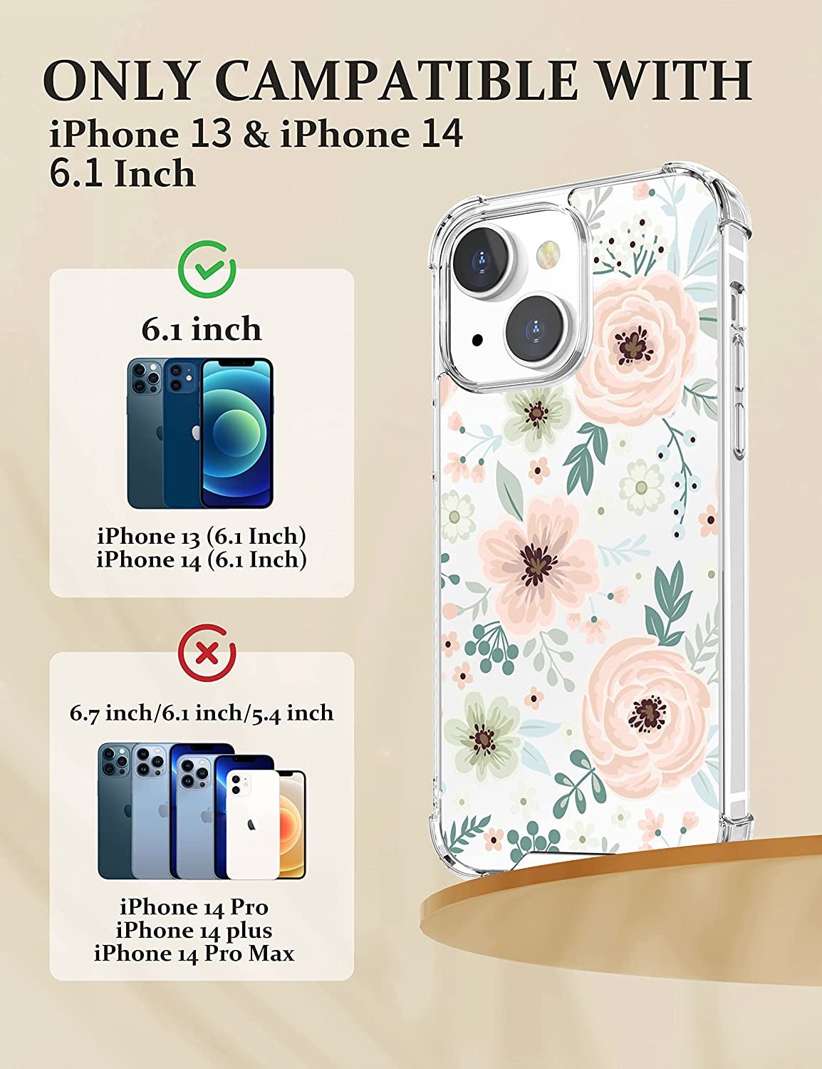 Cutebe [3 in 1 Crystal Phone Case for Iphone 13(2021)/Iphone 14(2022) 6.1", Cute Protective Cover with 9H Temper Glass Screen Protector + HD Temper Camera Lens Protector for Women, Girls  Cutebe   